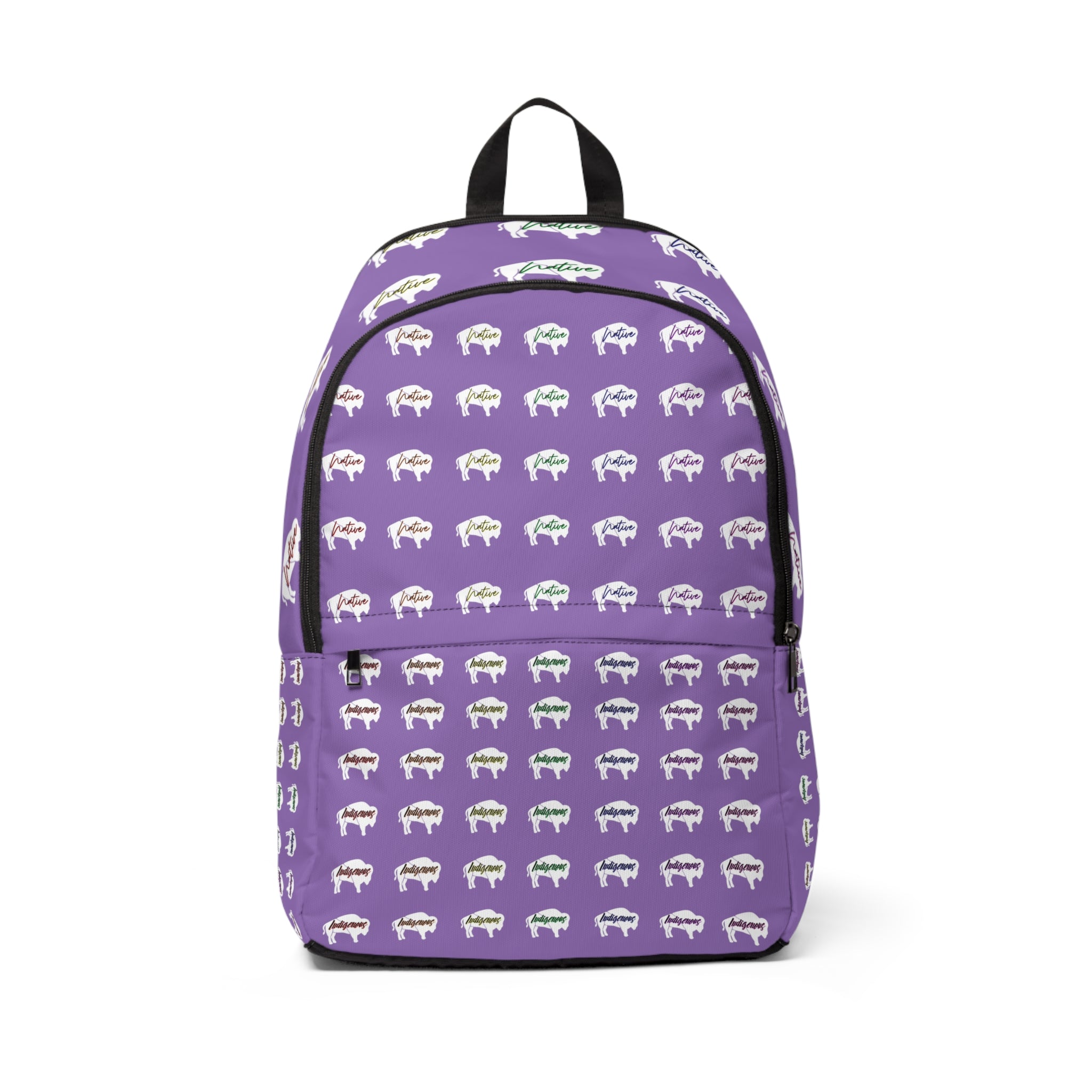 White Innii-Bison Purple Backpack with Rainbow Native Indigenous Text Unisex Fabric Backpack-Laptop pocket