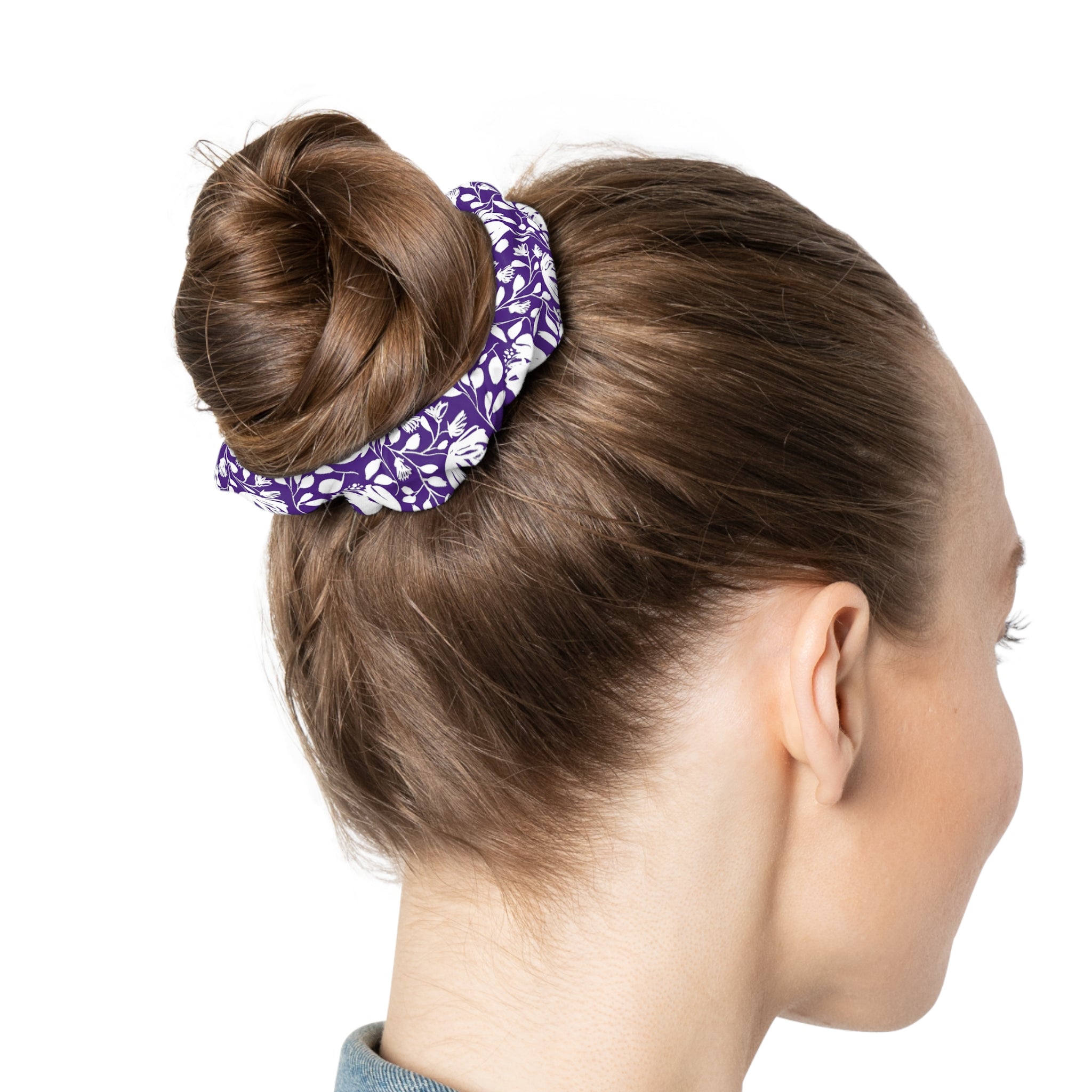White and Purple Floral Hair Scrunchie