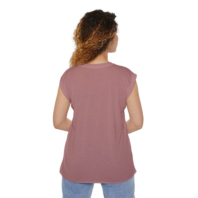 Native Innii aka Bison Graphic, Still Here, Native Pride, White, Mauve, Black, Teal or Grey, Women’s Flowy Rolled Cuffs Muscle Tee