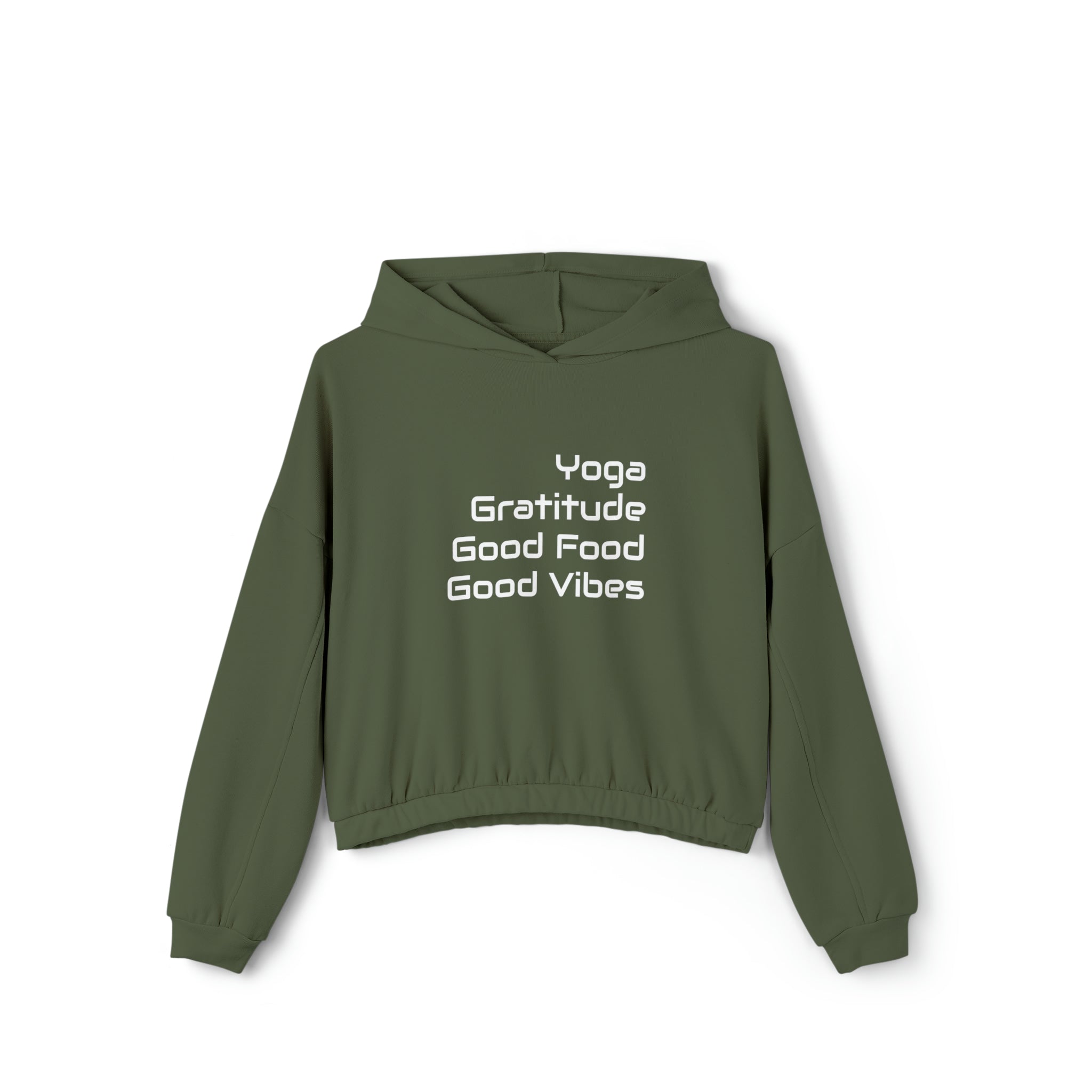 Yoga, Gratitude, Good Food and Good Vibes Cropped Women's Cinched Bottom Hoodie, Green, Gray, Black, Tan