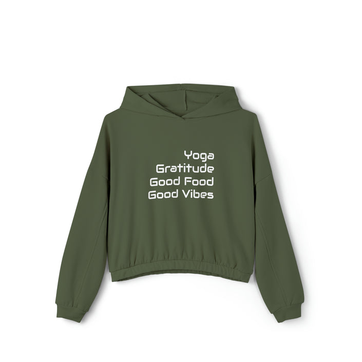 Yoga, Gratitude, Good Food and Good Vibes Cropped Women's Cinched Bottom Hoodie, Green, Gray, Black, Tan