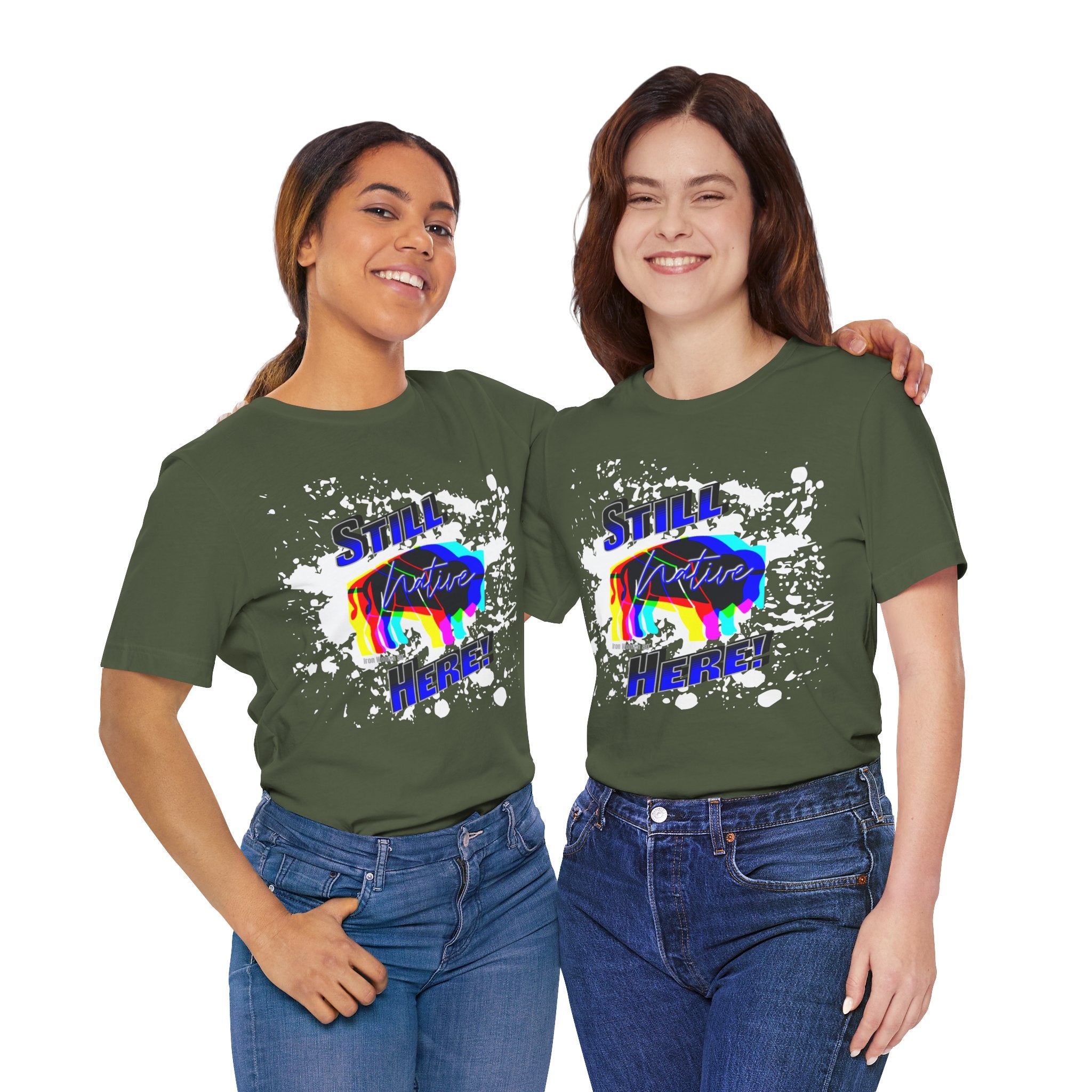 Native Innii aka Bison Graphic, Still Here, Native Pride, White, Orange, Black, Green, Blue, or Red Unisex Jersey Short Sleeve Tee