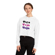 Yoga Yoga Yoga, Black Pink Purple text Women’s Cropped Hooded Sweatshirt, White or Gray