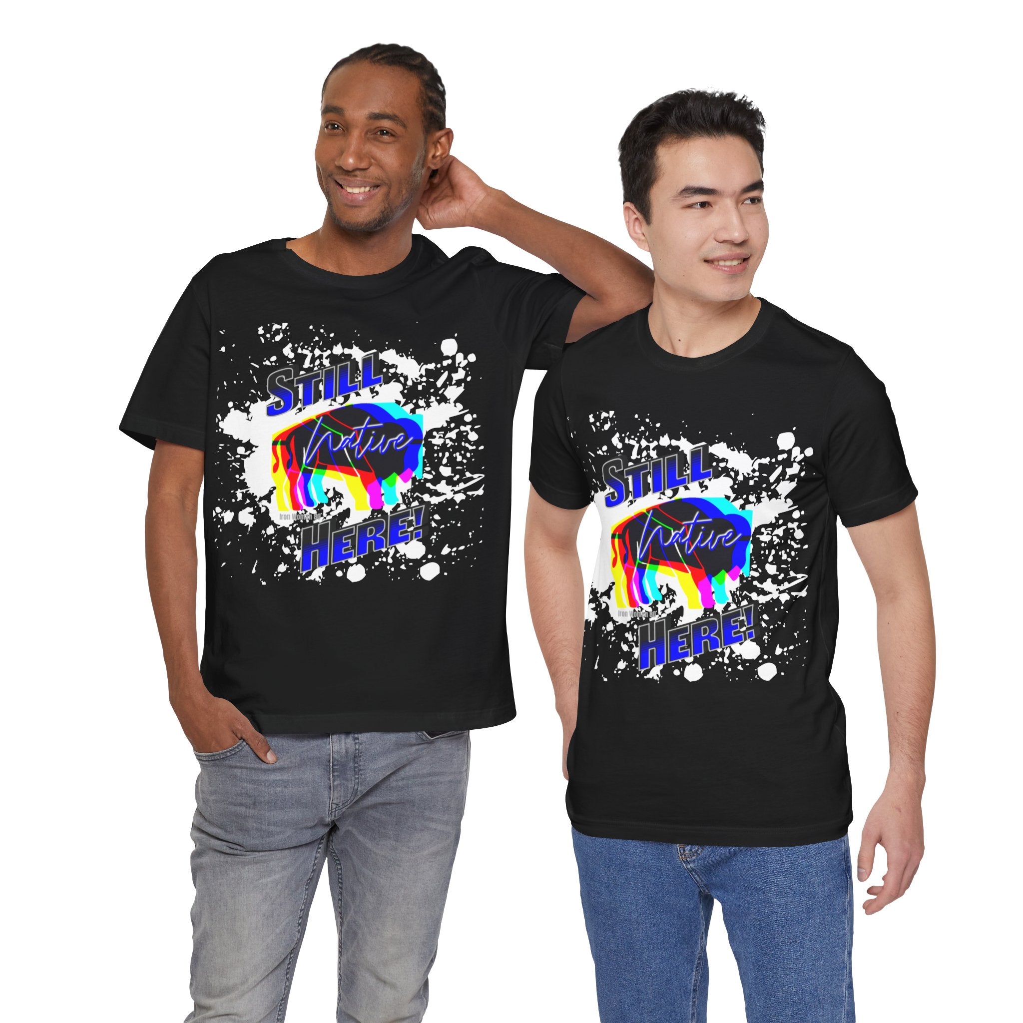 Native Innii aka Bison Graphic, Still Here, Native Pride, White, Orange, Black, Green, Blue, or Red Unisex Jersey Short Sleeve Tee