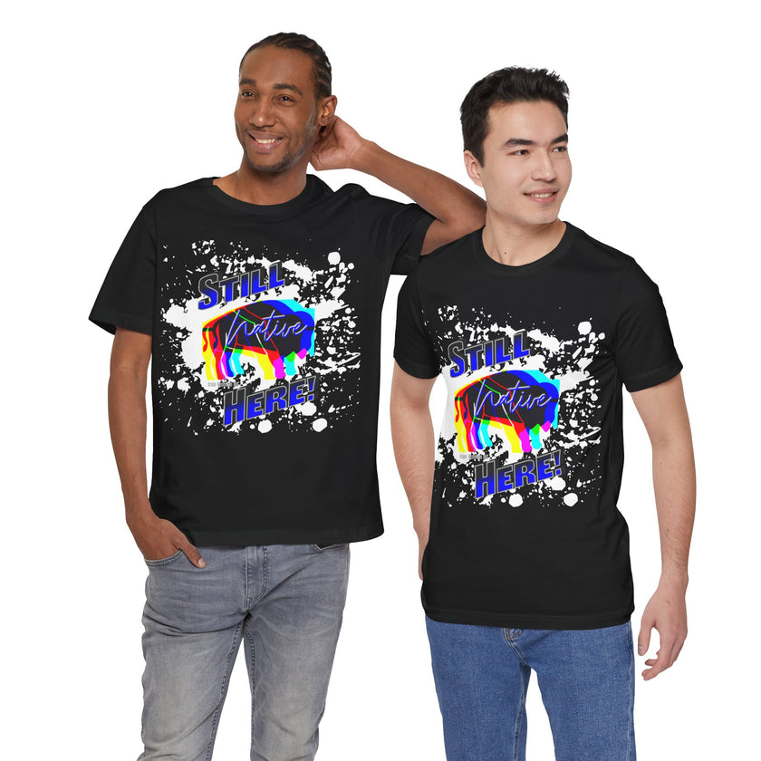 Native Innii aka Bison Graphic, Still Here, Native Pride, White, Orange, Black, Green, Blue, or Red Unisex Jersey Short Sleeve Tee