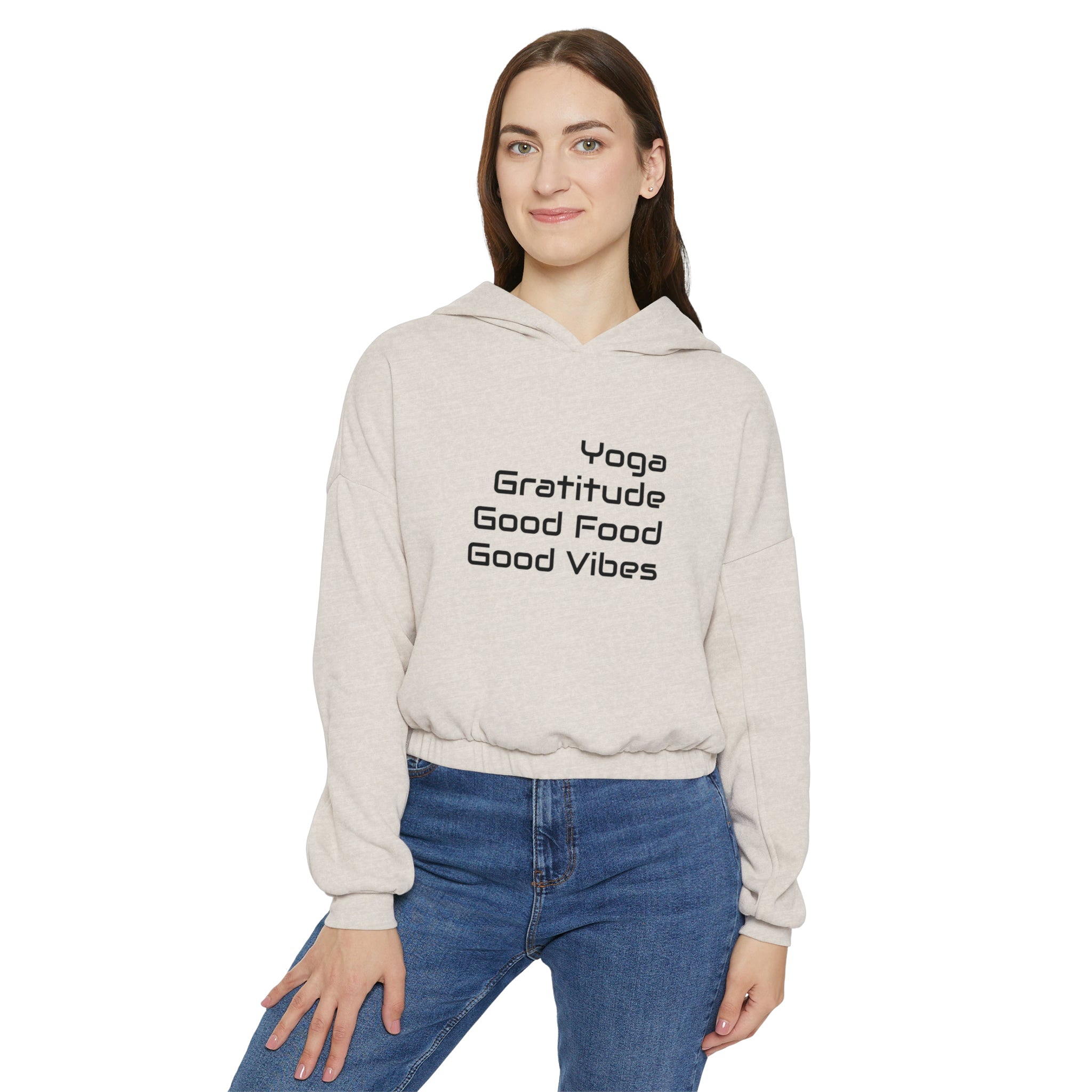 Yoga, Gratitude, Good Food and Good Vibes Cropped Women's Cinched Bottom Hoodie, Green, Gray, Black, Tan