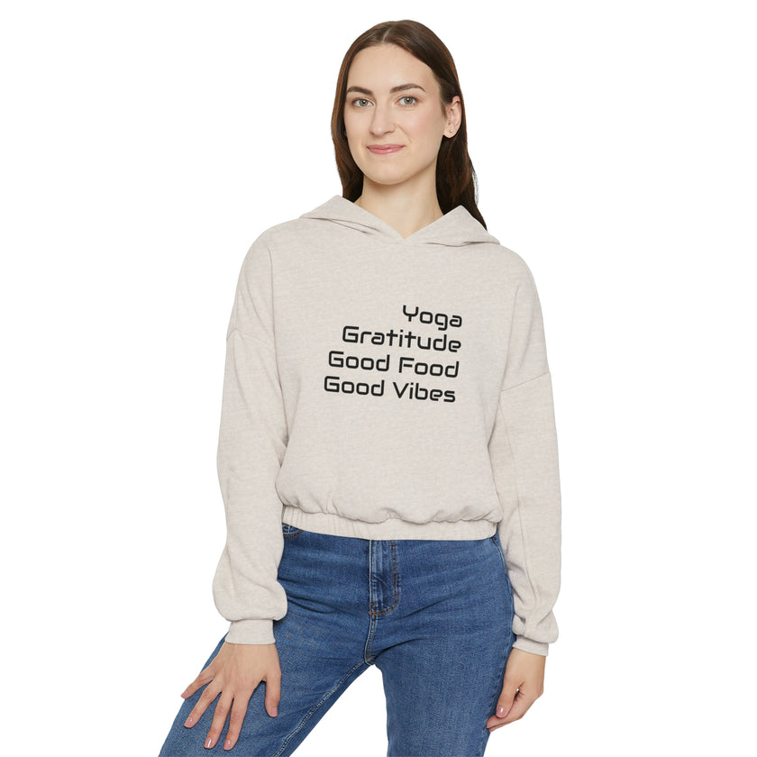 Yoga, Gratitude, Good Food and Good Vibes Cropped Women's Cinched Bottom Hoodie, Green, Gray, Black, Tan