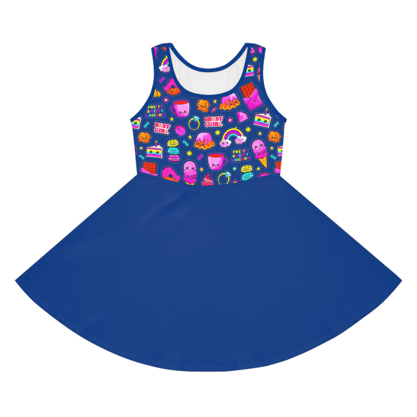 Pink Sweetness on Blue Girls' Sleeveless Sundress
