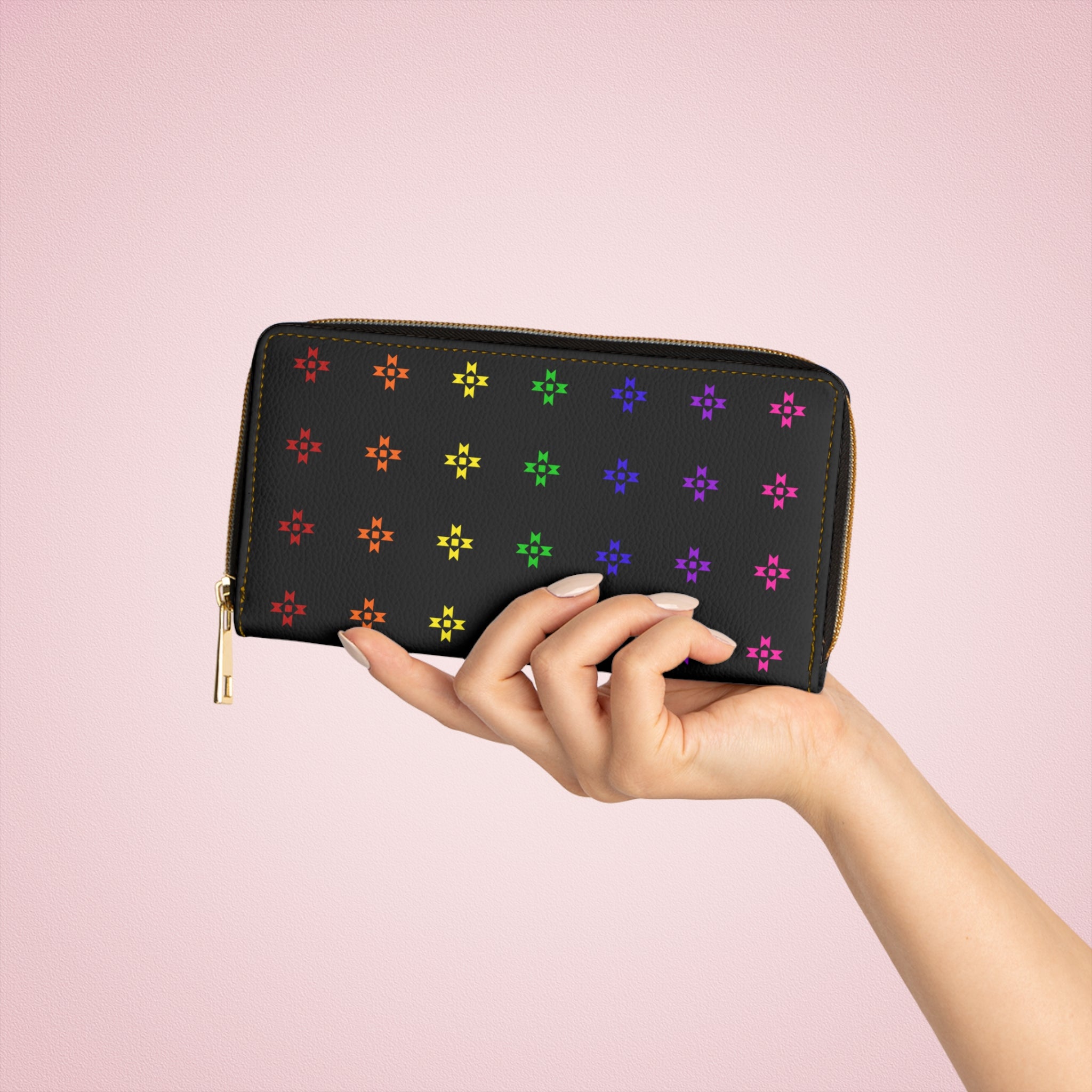 Rainbow Native American Star Black Zipper Wallet