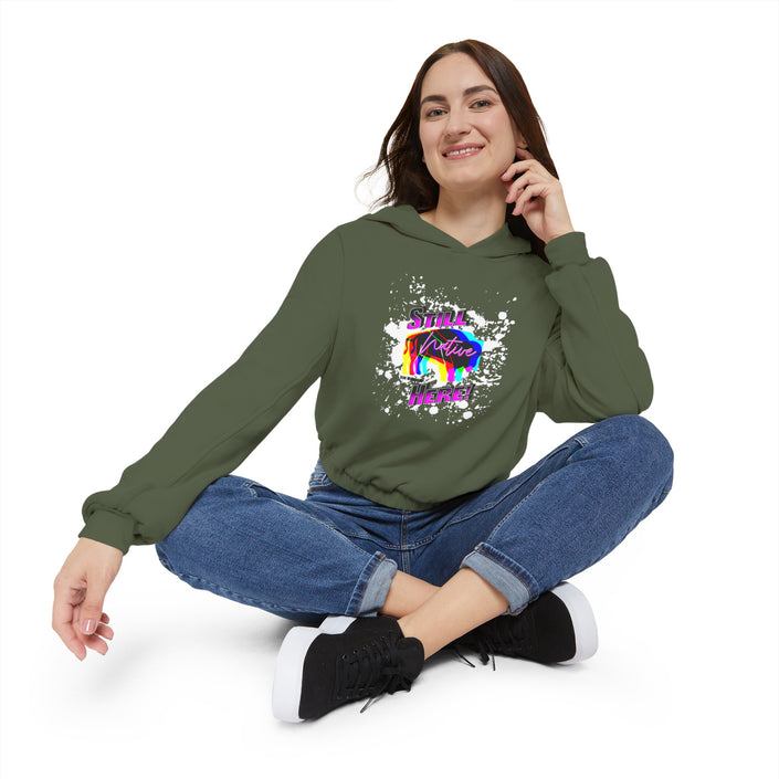 Native Innii aka Bison Graphic, Still Here, Native Pride, Black, Dust, Green or Athletic, Women's Cinched Bottom Hoodie