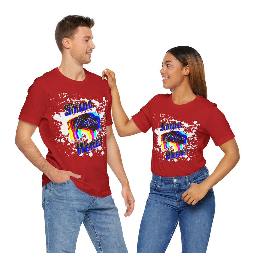 Native Innii aka Bison Graphic, Still Here, Native Pride, White, Orange, Black, Green, Blue, or Red Unisex Jersey Short Sleeve Tee