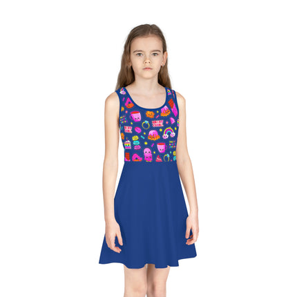 Pink Sweetness on Blue Girls' Sleeveless Sundress