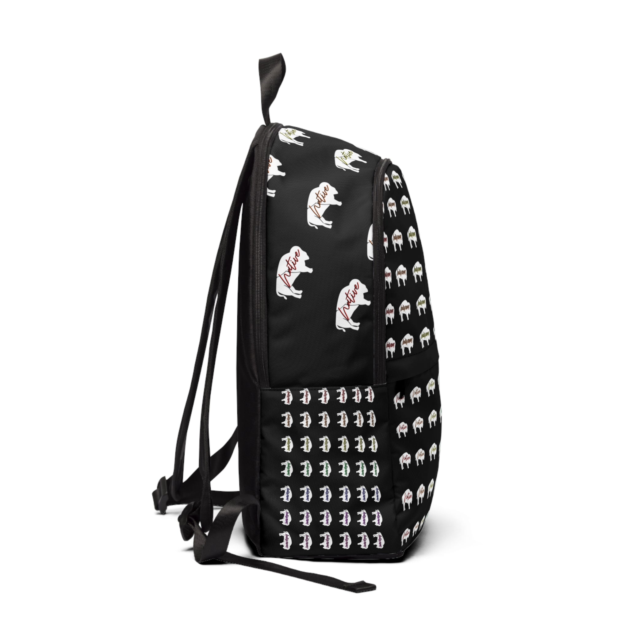 White Innii-Bison Black Backpack with Rainbow Native Indigenous Text Unisex Fabric Backpack-Laptop pocket
