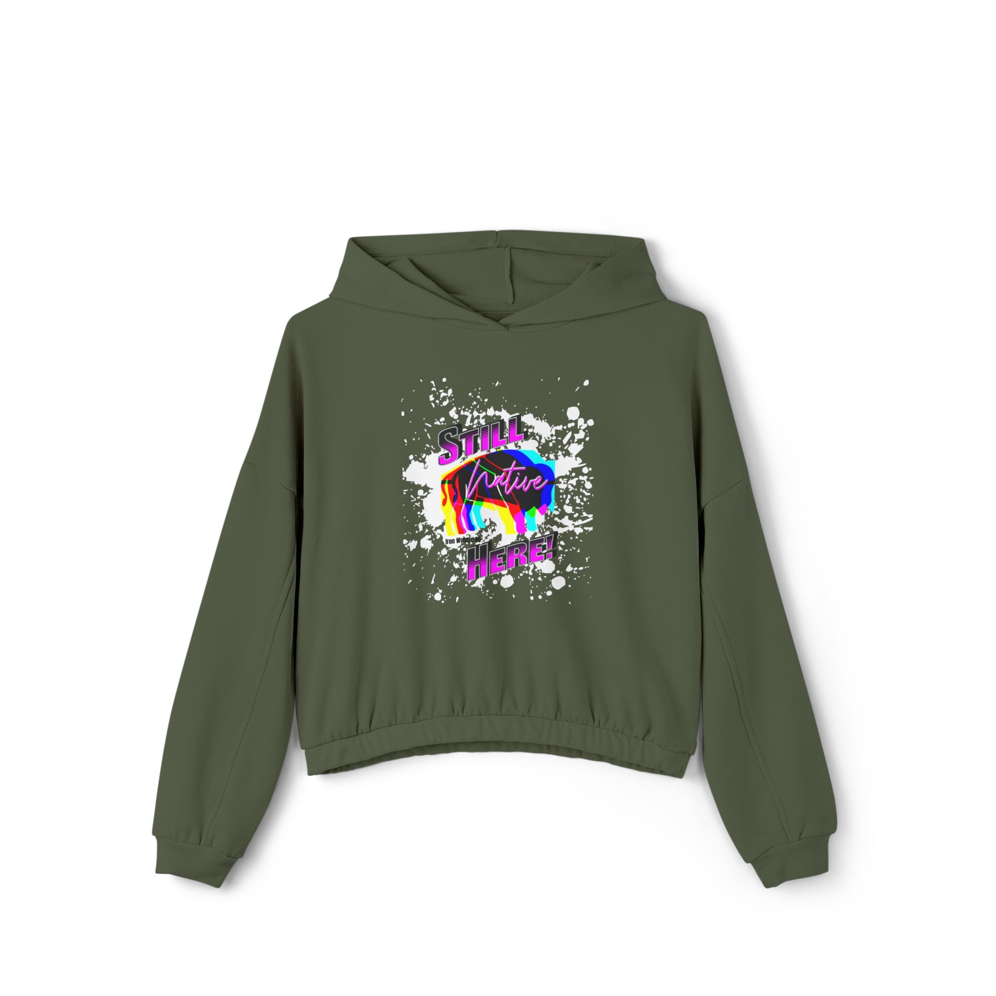 Native Innii aka Bison Graphic, Still Here, Native Pride, Black, Dust, Green or Athletic, Women's Cinched Bottom Hoodie