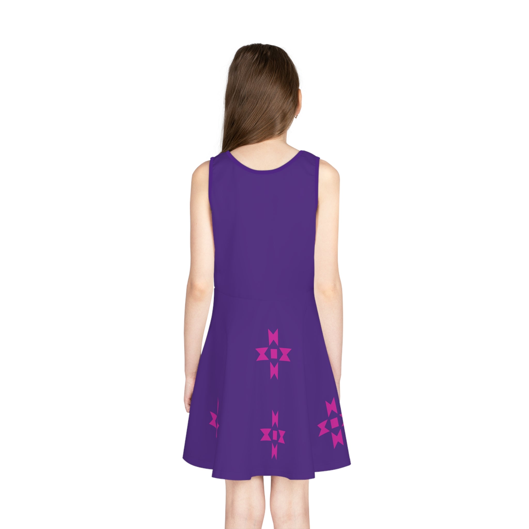 White Bison on Pink and Teal Native Pattern Girls' Sleeveless Sundress