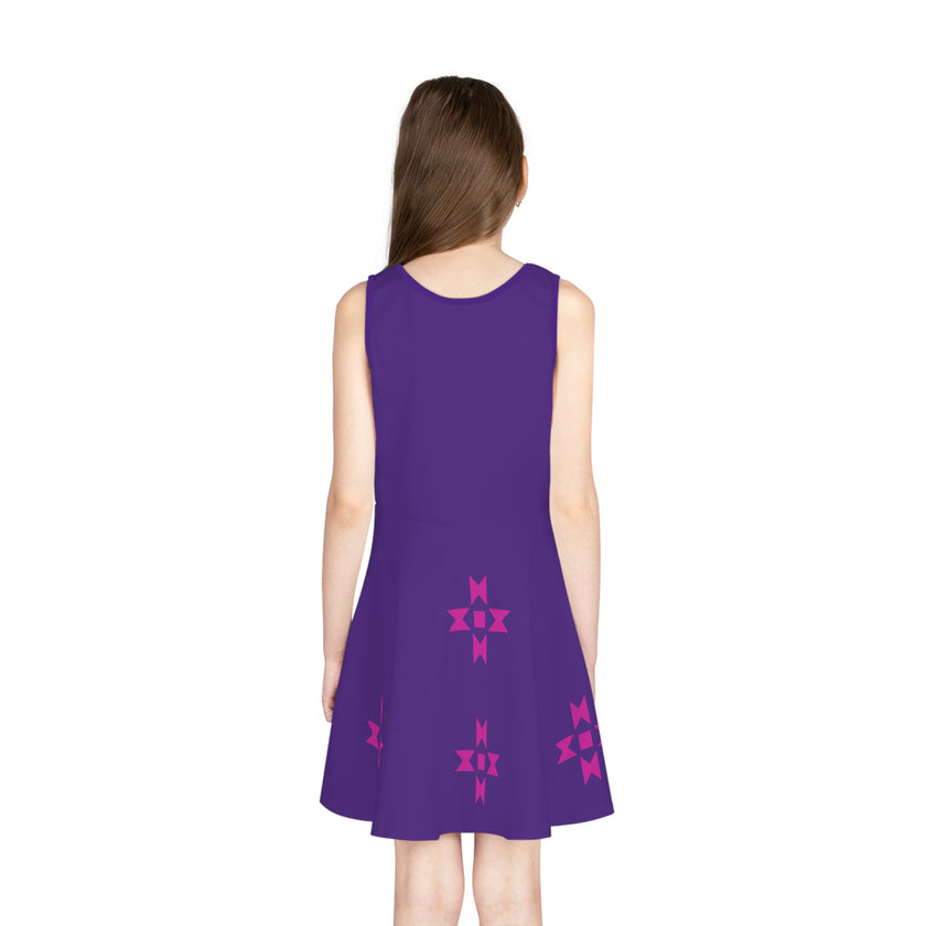 White Bison on Pink and Teal Native Pattern Girls' Sleeveless Sundress