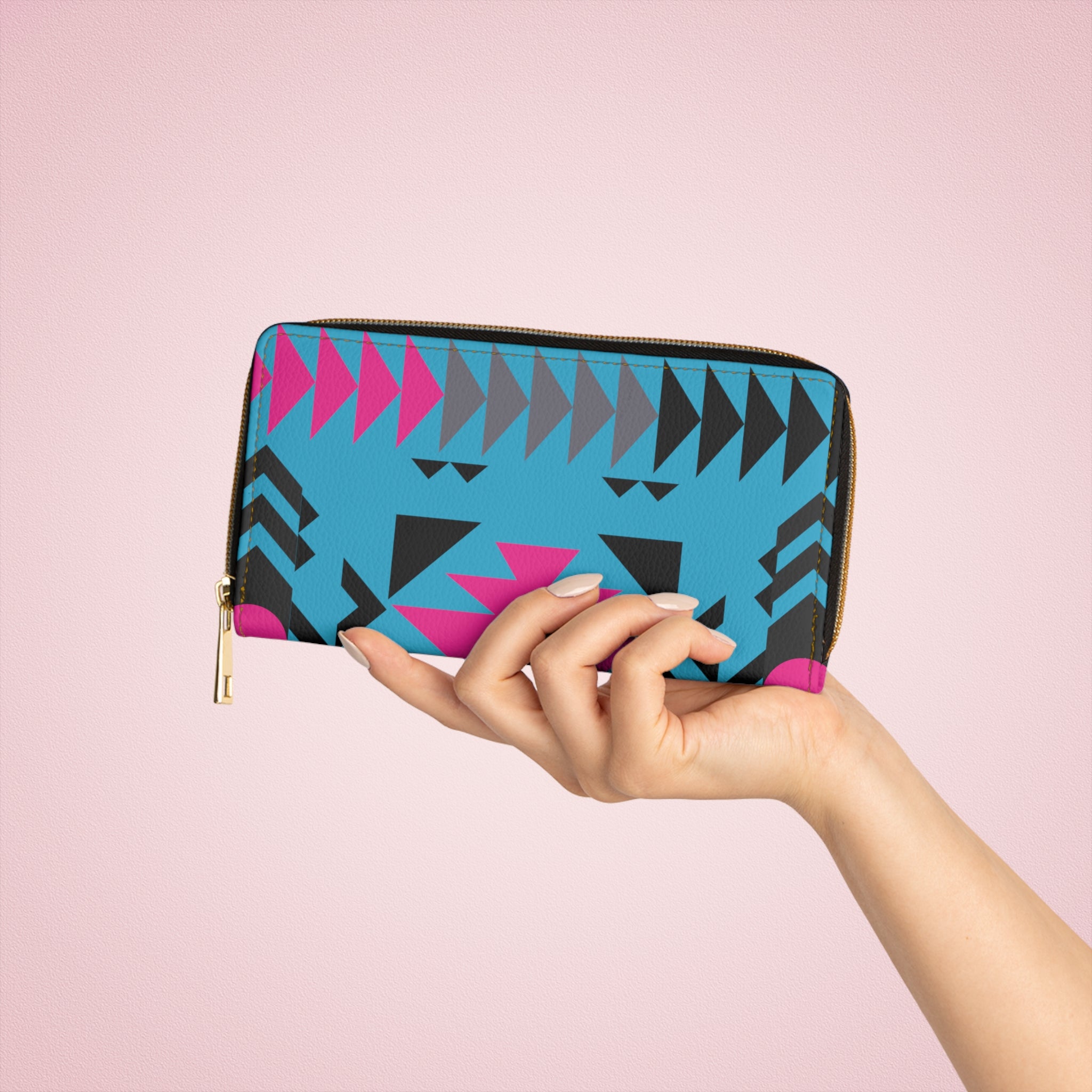 Pink, Gray and Black Native Pattern Zippered Wallet