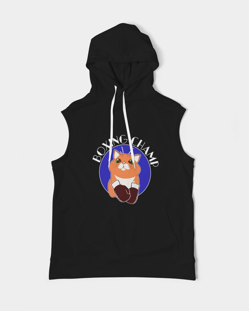 Boxing Champ, Cat Graphic, Black Men's Heavyweight, Sleeveless Hoodie