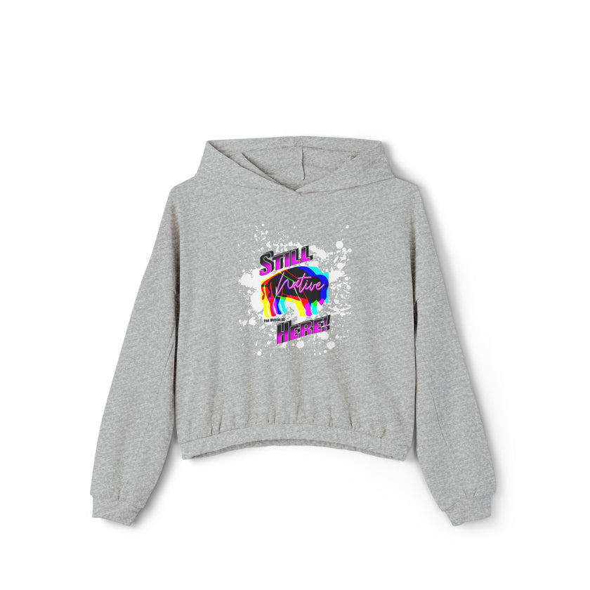 Native Innii aka Bison Graphic, Still Here, Native Pride, Black, Dust, Green or Athletic, Women's Cinched Bottom Hoodie