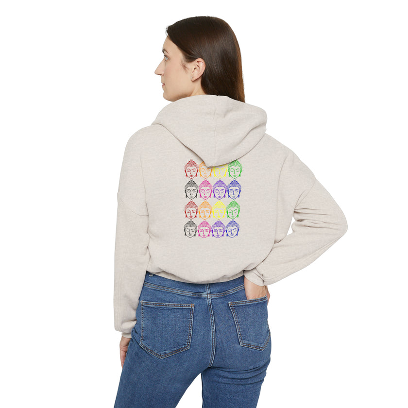 Yoga, Gratitude, Good Food and Good Vibes Cropped Women's Cinched Bottom Hoodie, Green, Gray, Black, Tan