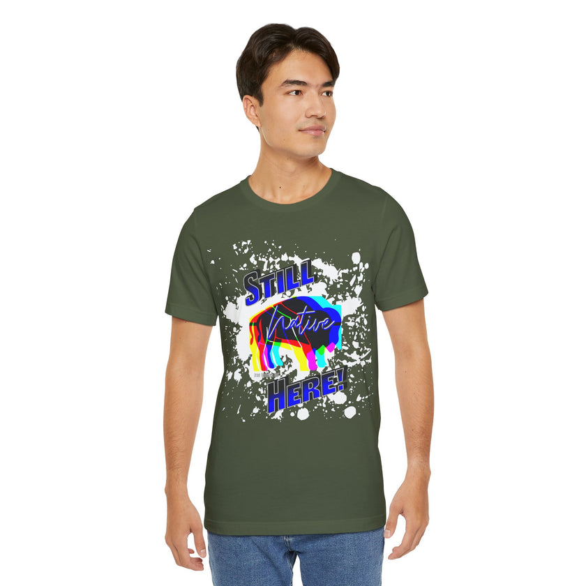 Native Innii aka Bison Graphic, Still Here, Native Pride, White, Orange, Black, Green, Blue, or Red Unisex Jersey Short Sleeve Tee