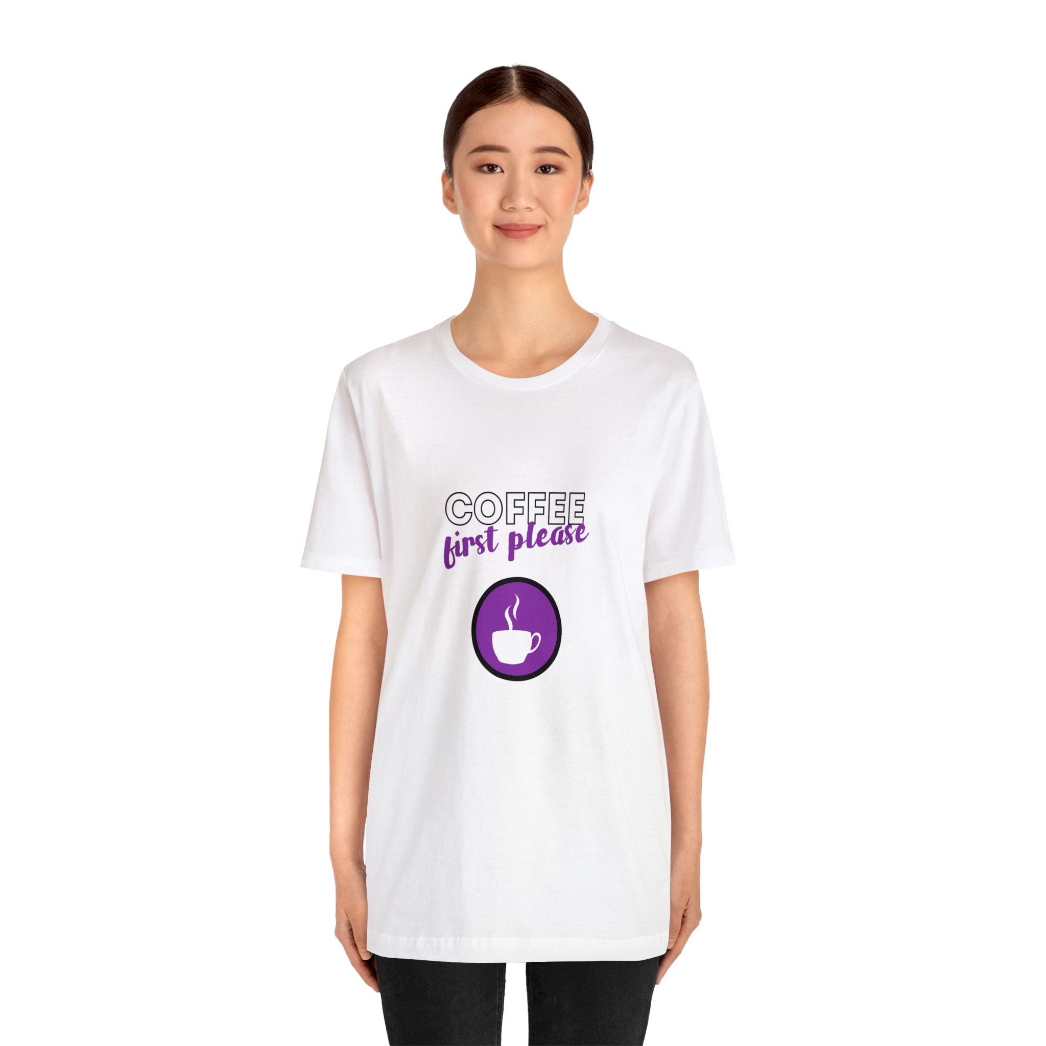 Coffee first please purple image Unisex Jersey Short Sleeve Tee