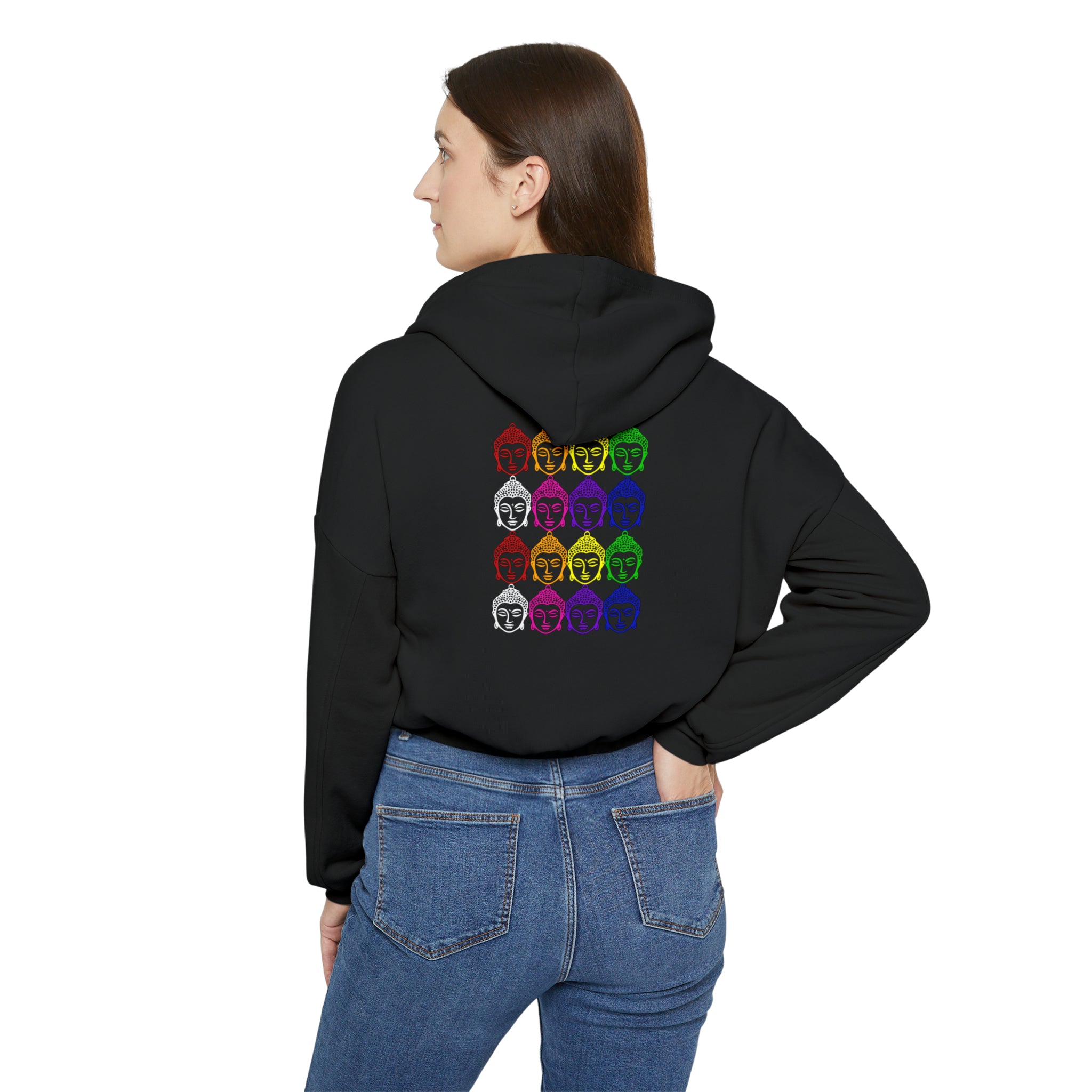 Yoga, Gratitude, Good Food and Good Vibes Cropped Women's Cinched Bottom Hoodie, Green, Gray, Black, Tan