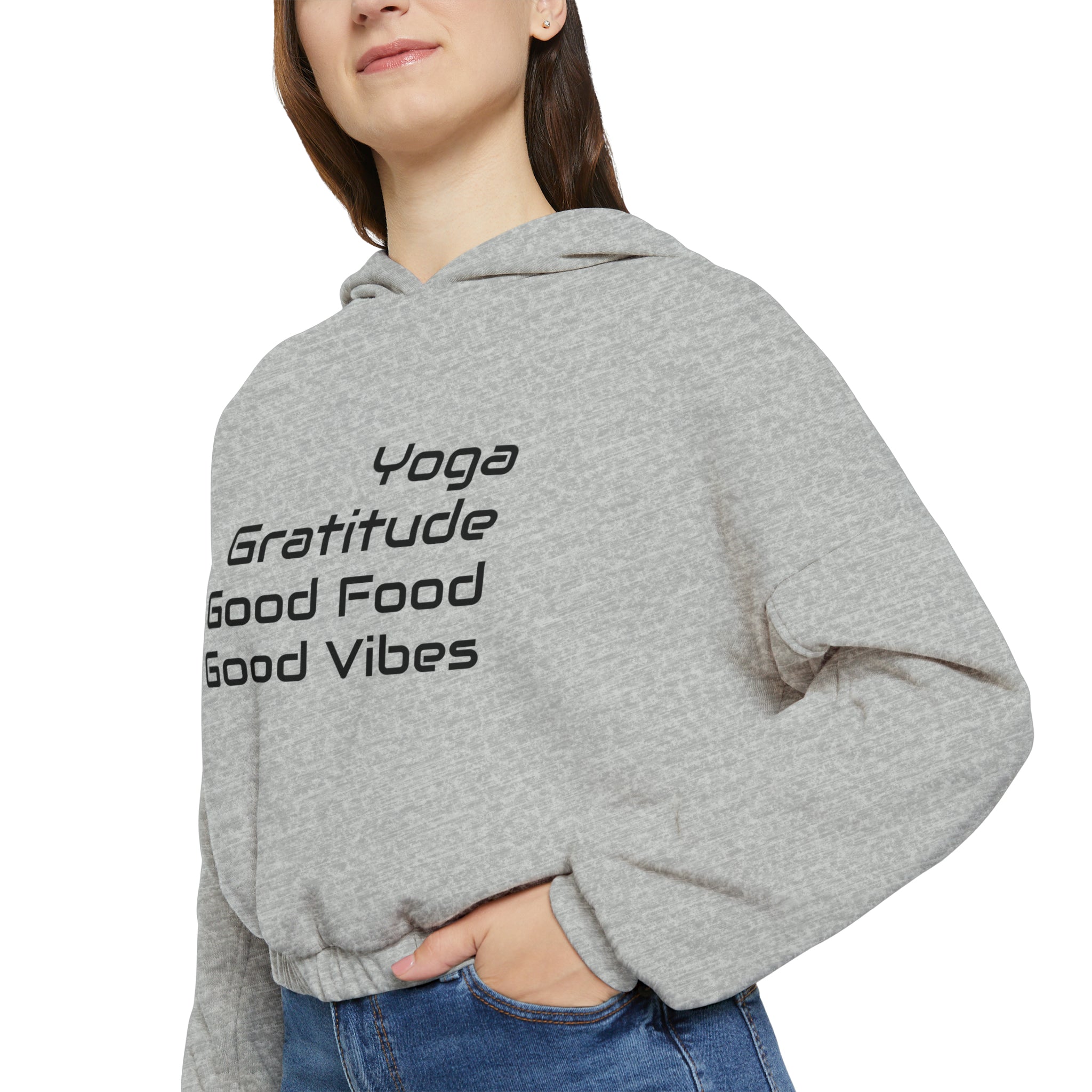 Yoga, Gratitude, Good Food and Good Vibes Cropped Women's Cinched Bottom Hoodie, Green, Gray, Black, Tan