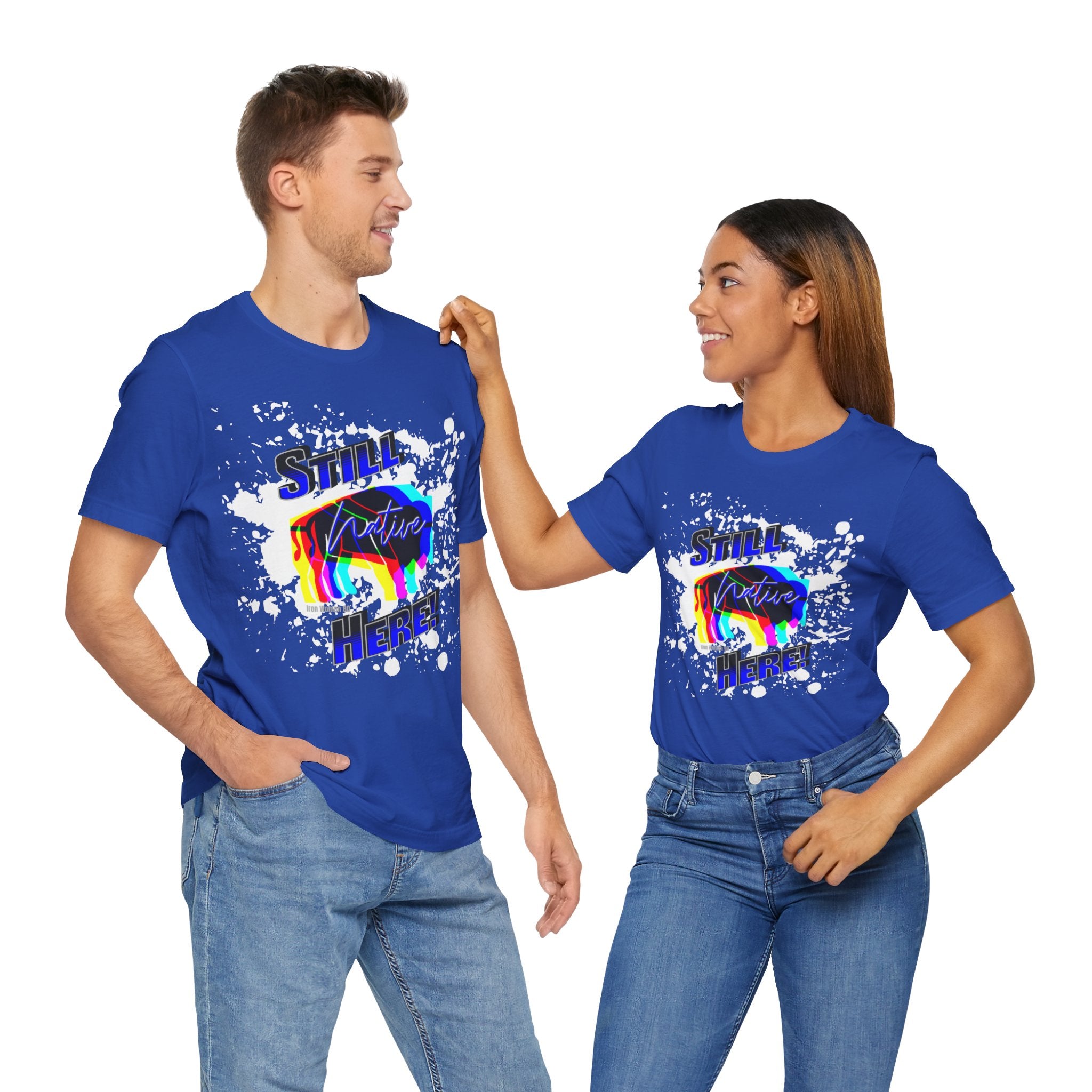 Native Innii aka Bison Graphic, Still Here, Native Pride, White, Orange, Black, Green, Blue, or Red Unisex Jersey Short Sleeve Tee