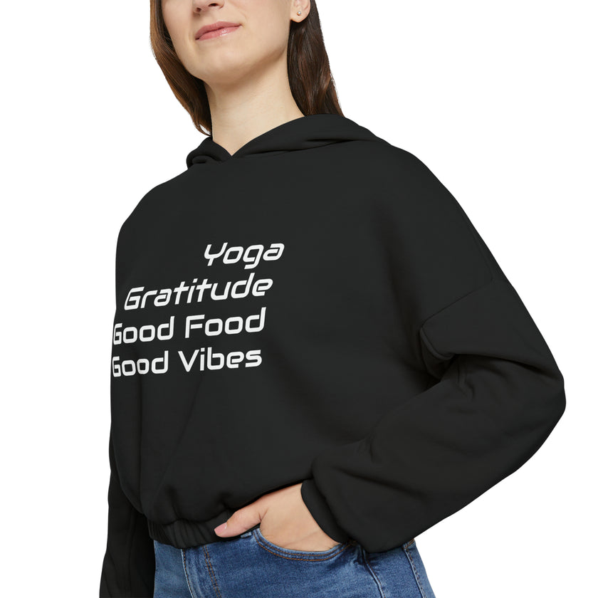 Yoga, Gratitude, Good Food and Good Vibes Cropped Women's Cinched Bottom Hoodie, Green, Gray, Black, Tan
