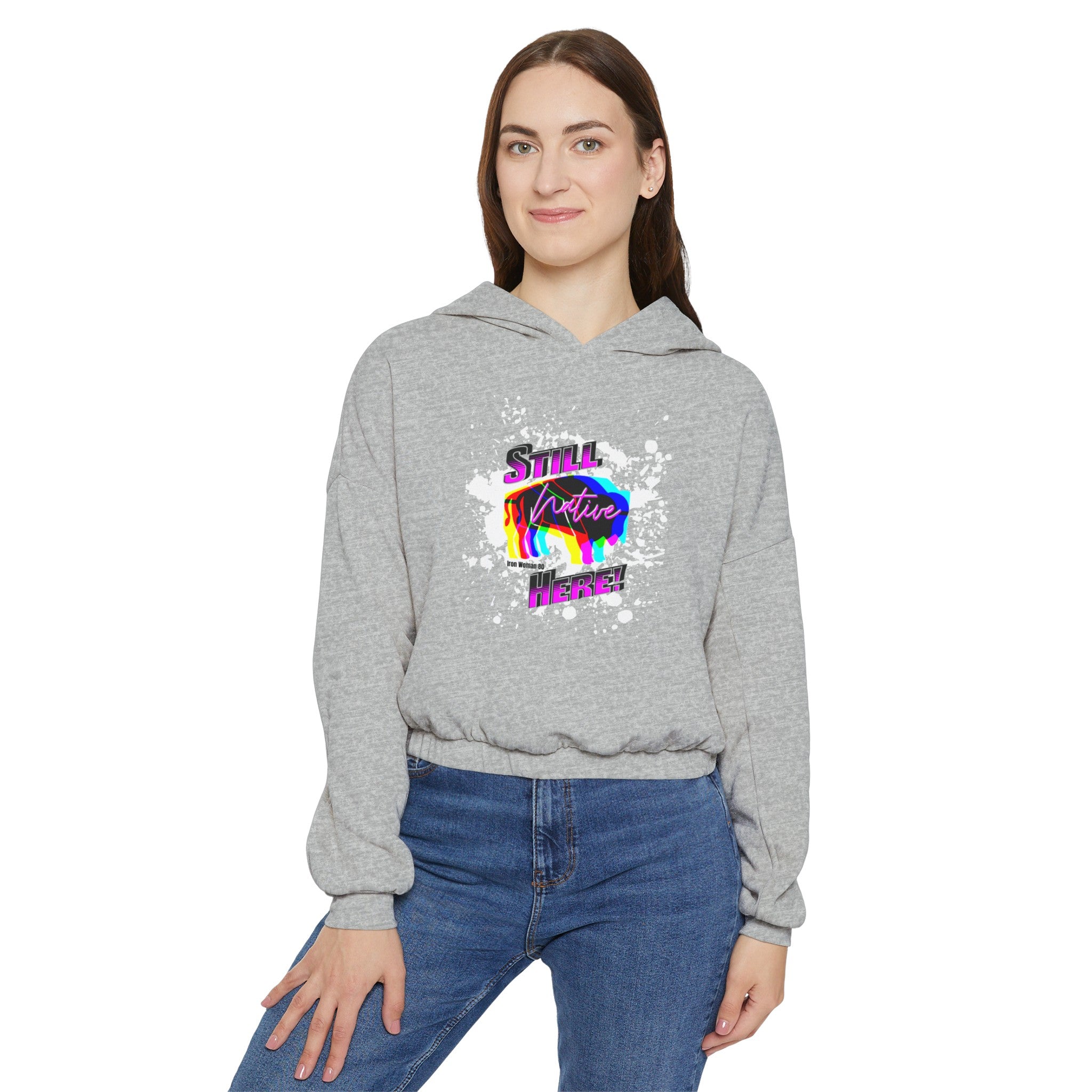 Native Innii aka Bison Graphic, Still Here, Native Pride, Black, Dust, Green or Athletic, Women's Cinched Bottom Hoodie