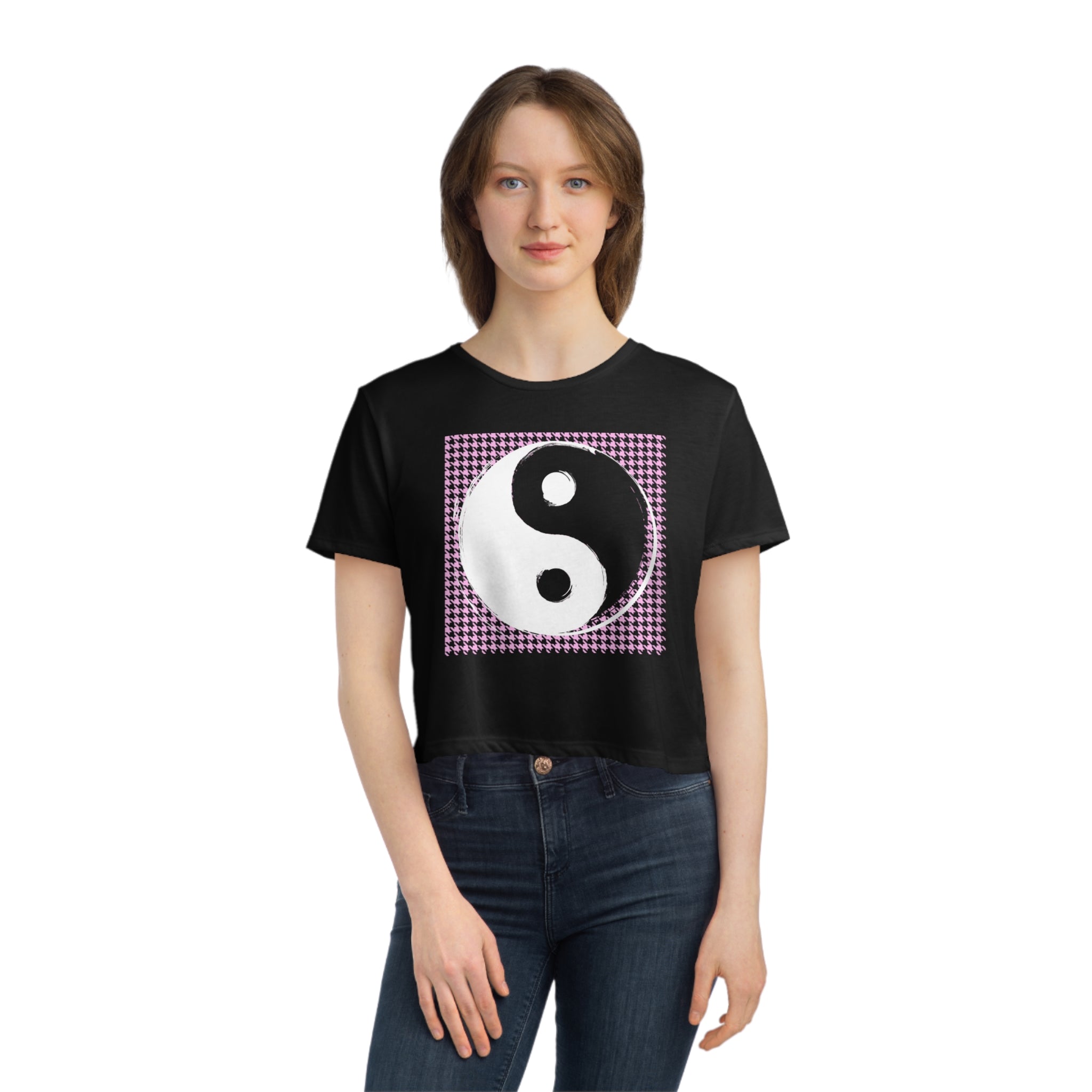 Pink Black and White Yin and Yang Women's Flowy Cropped Tee