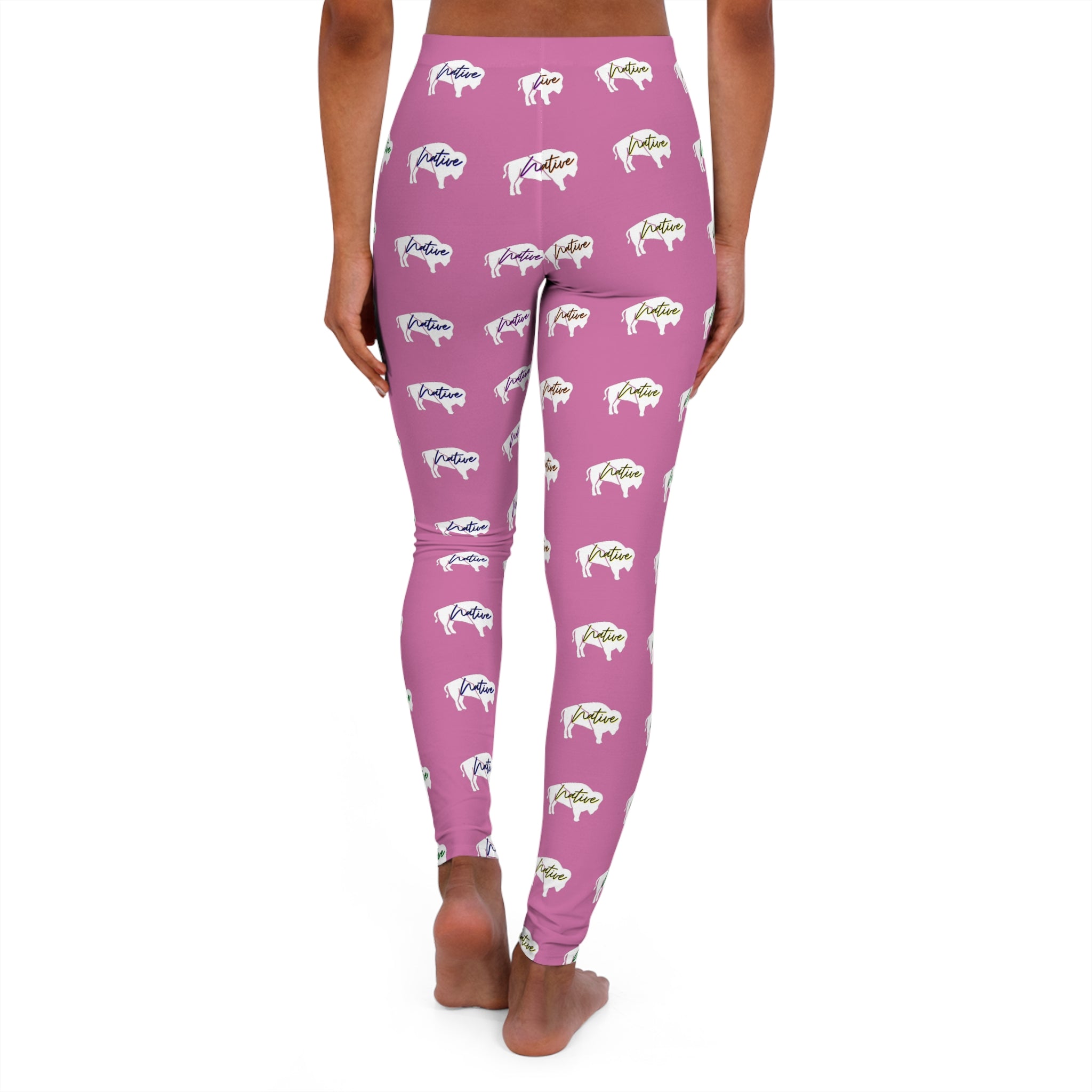 White Innii-Bison with Rainbow Colored Text Pink-Women's Spandex Leggings