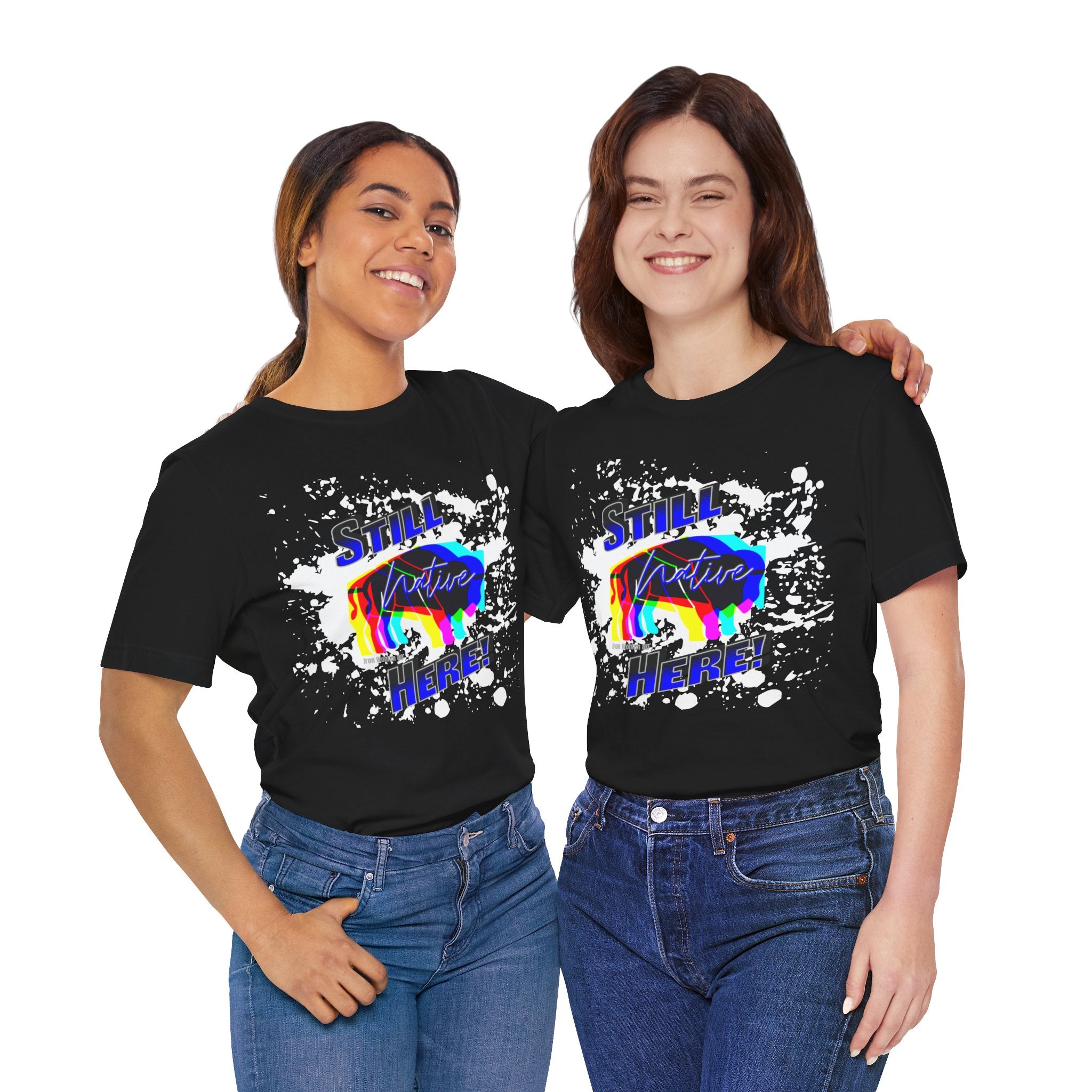 Native Innii aka Bison Graphic, Still Here, Native Pride, White, Orange, Black, Green, Blue, or Red Unisex Jersey Short Sleeve Tee