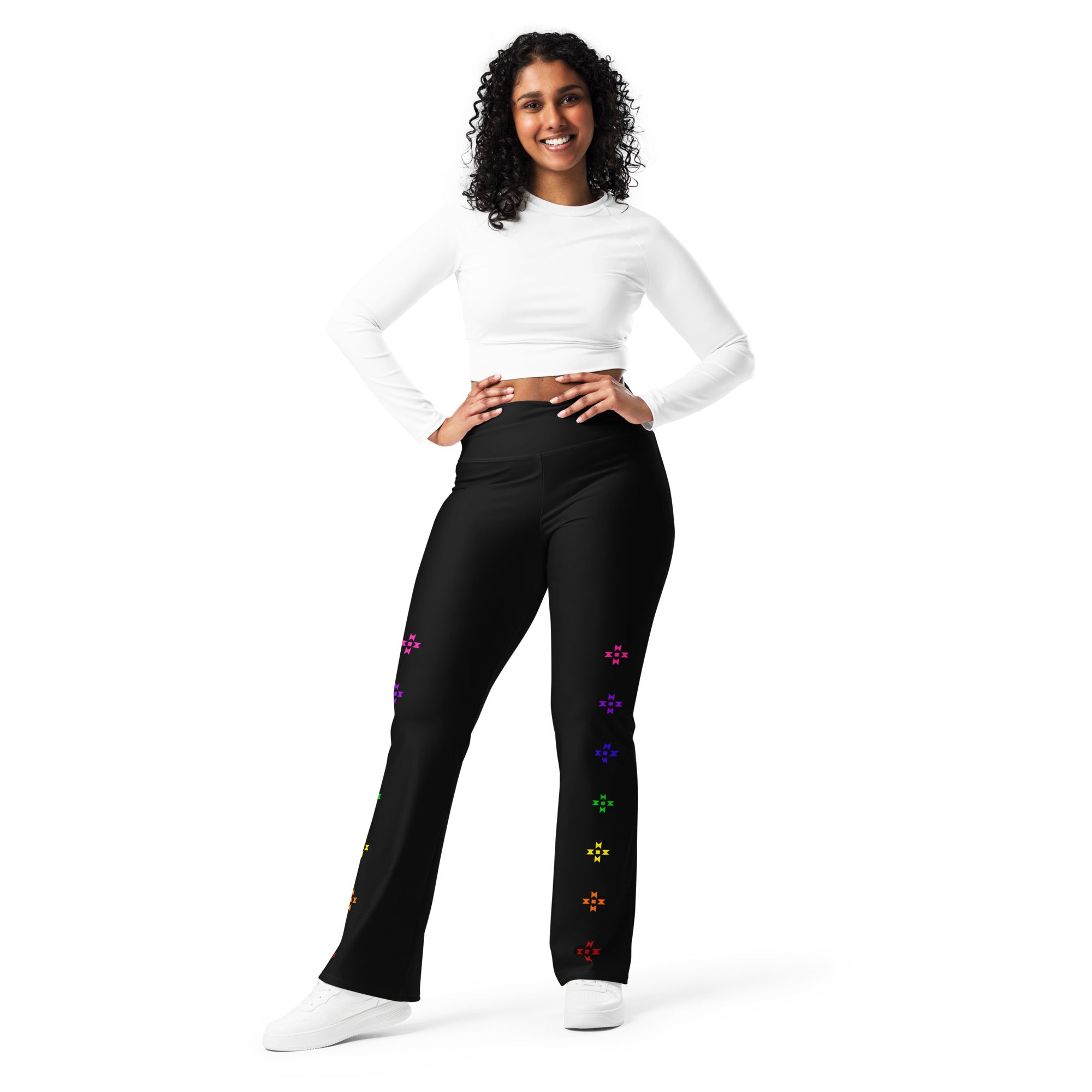 Black, Warrior Strength, Native Rainbow Stars, Flare leggings