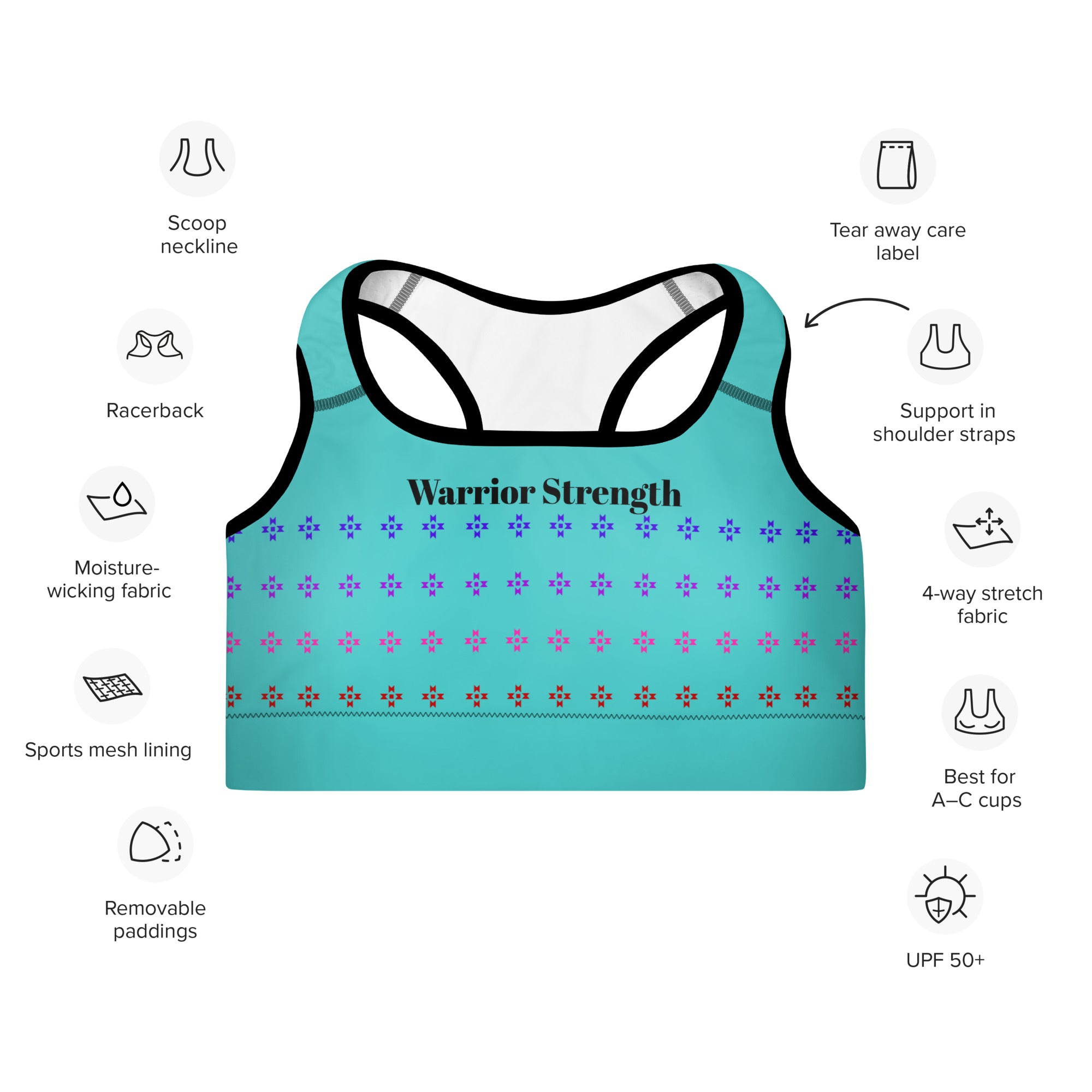 Warrior Strength, Native Rainbow Stars Turquoise Padded Sports Bra