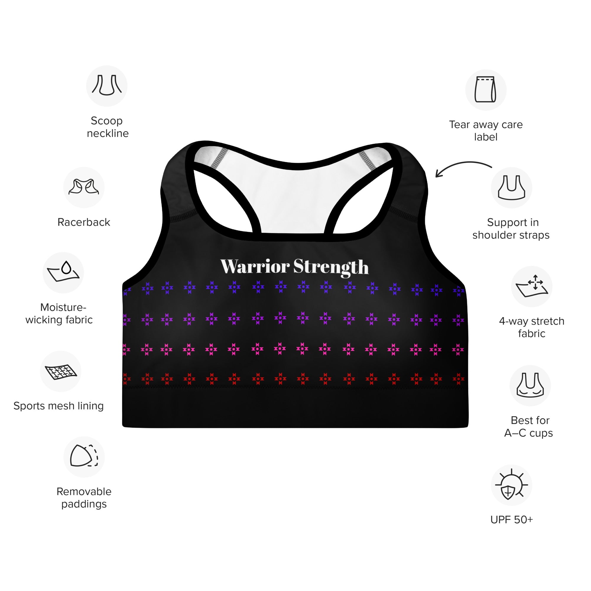 Warrior Strength, Native Rainbow Stars Black Padded Sports Bra