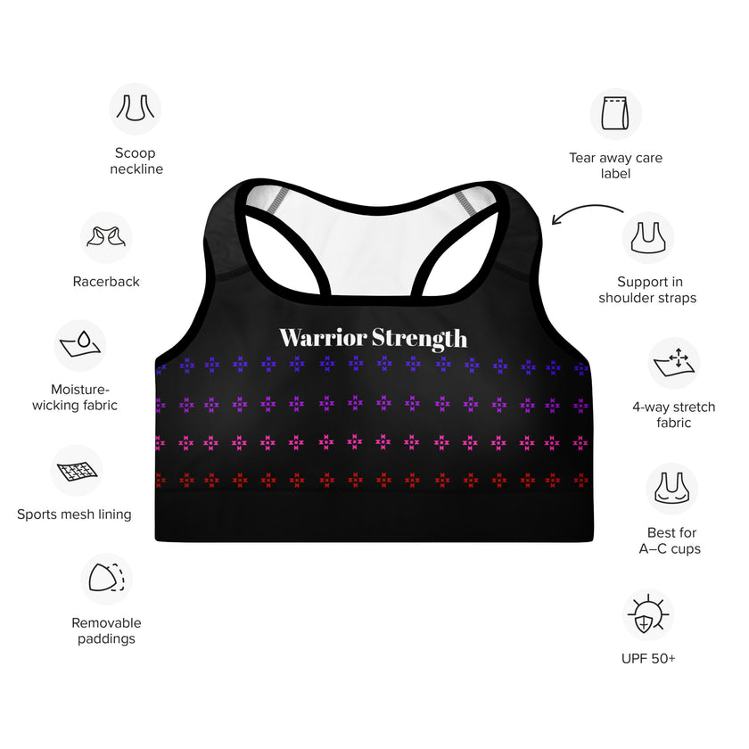 Warrior Strength, Native Rainbow Stars Black Padded Sports Bra