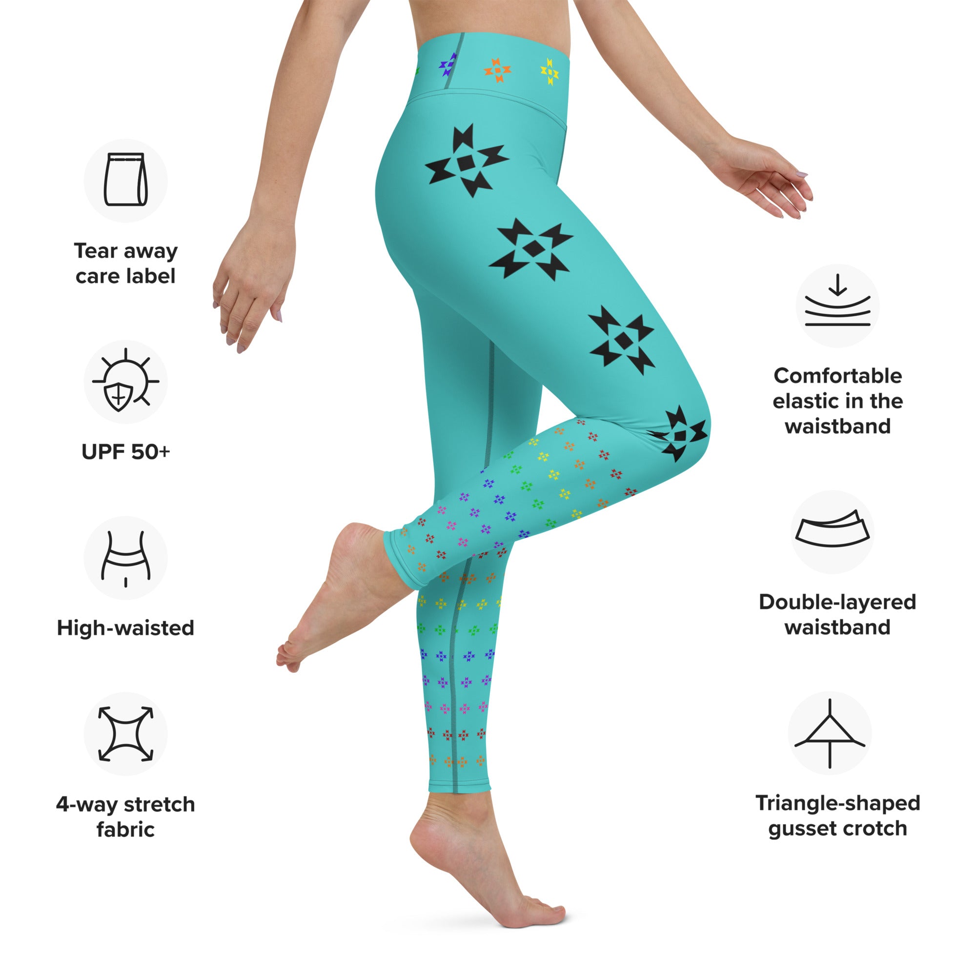 Warrior Strength, Native Rainbow Stars Turquoise Yoga Leggings