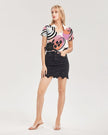 White with Vintage Pink, Orange, and Black Graphic, Women's All-Over Print Short Sleeve Button Up