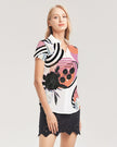 White with Vintage Pink, Orange, and Black Graphic, Women's All-Over Print Short Sleeve Button Up