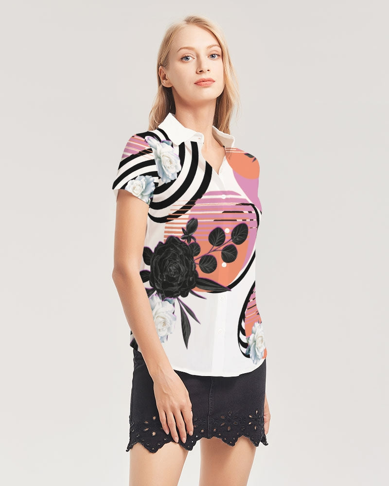 White with Vintage Pink, Orange, and Black Graphic, Women's All-Over Print Short Sleeve Button Up