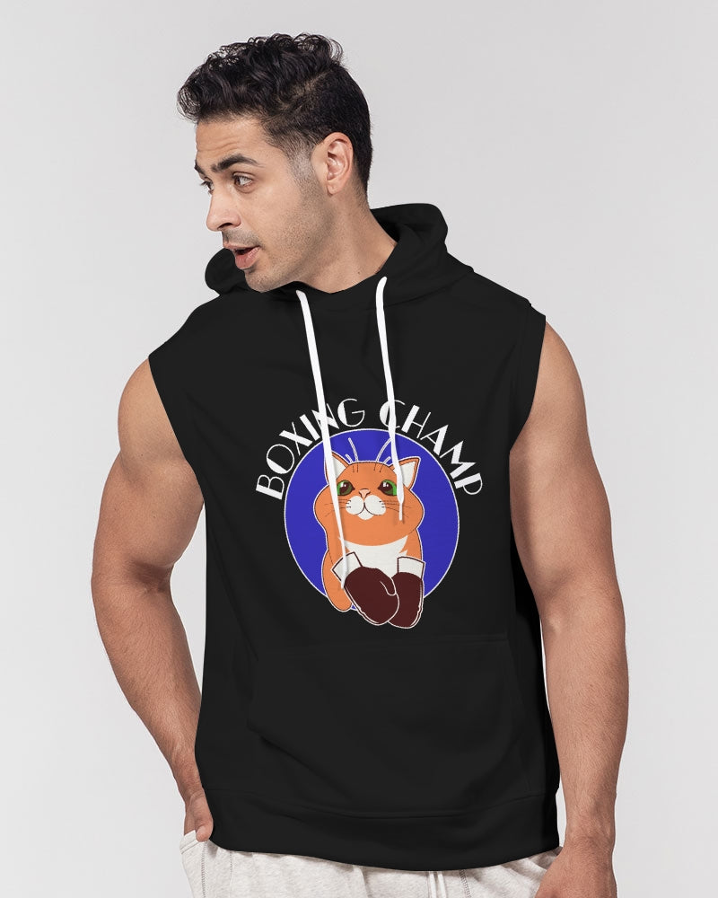 Boxing Champ, Cat Graphic, Black Men's Heavyweight, Sleeveless Hoodie