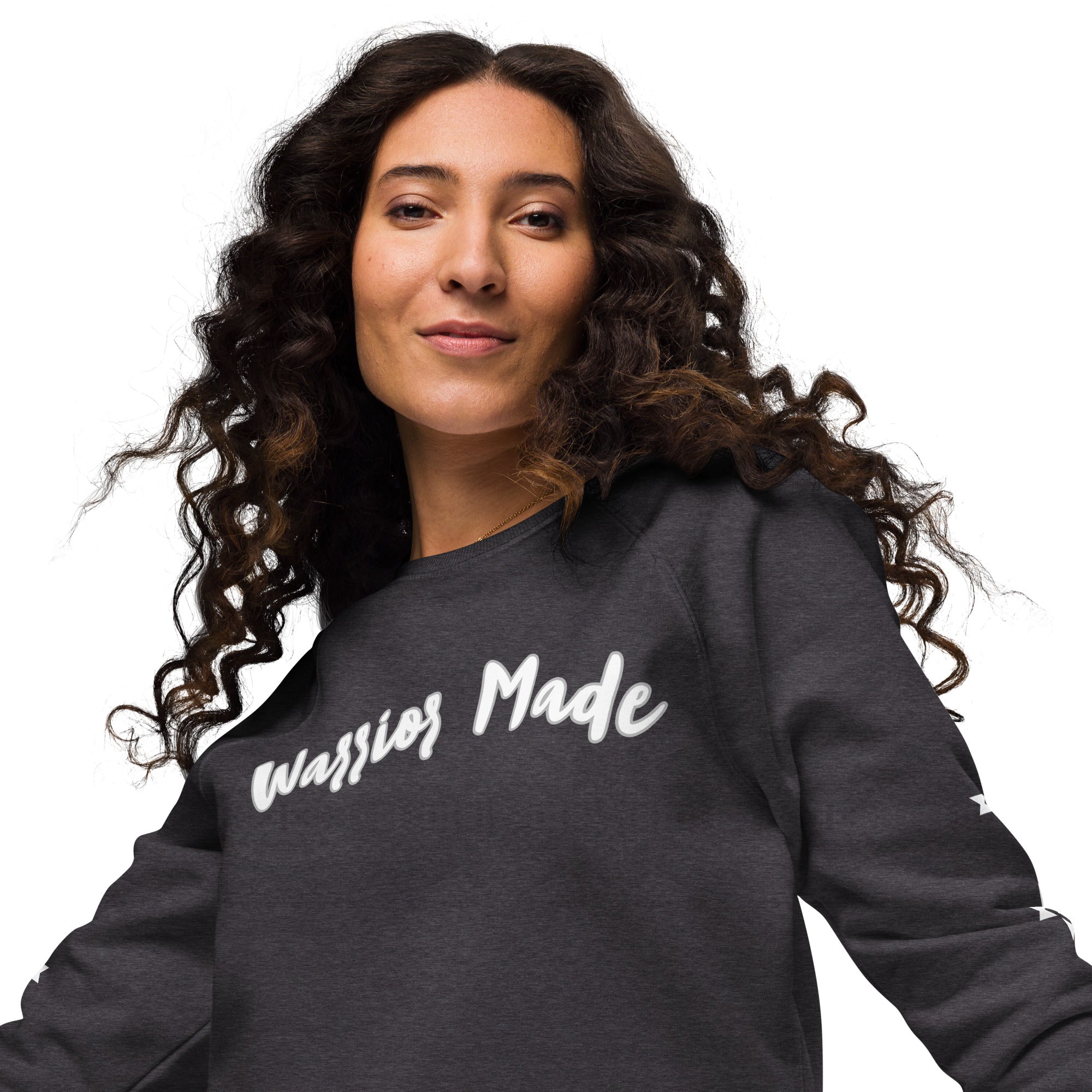 Charcoal and White Warrior Made Sweater, Unisex organic raglan sweatshirt