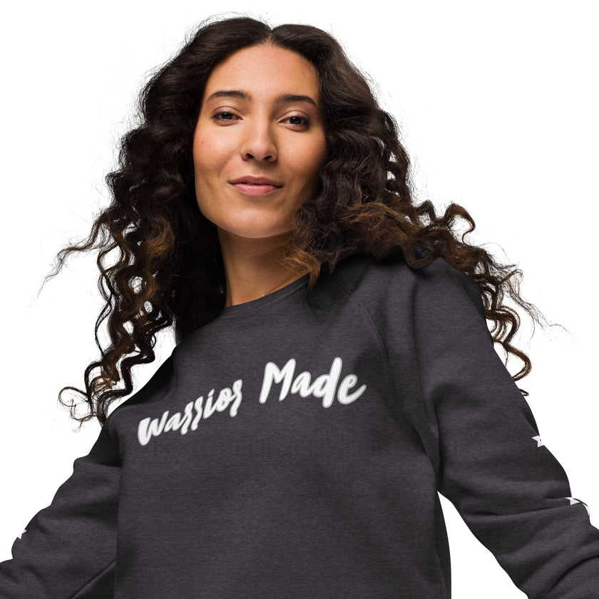 Charcoal and White Warrior Made Sweater, Unisex organic raglan sweatshirt