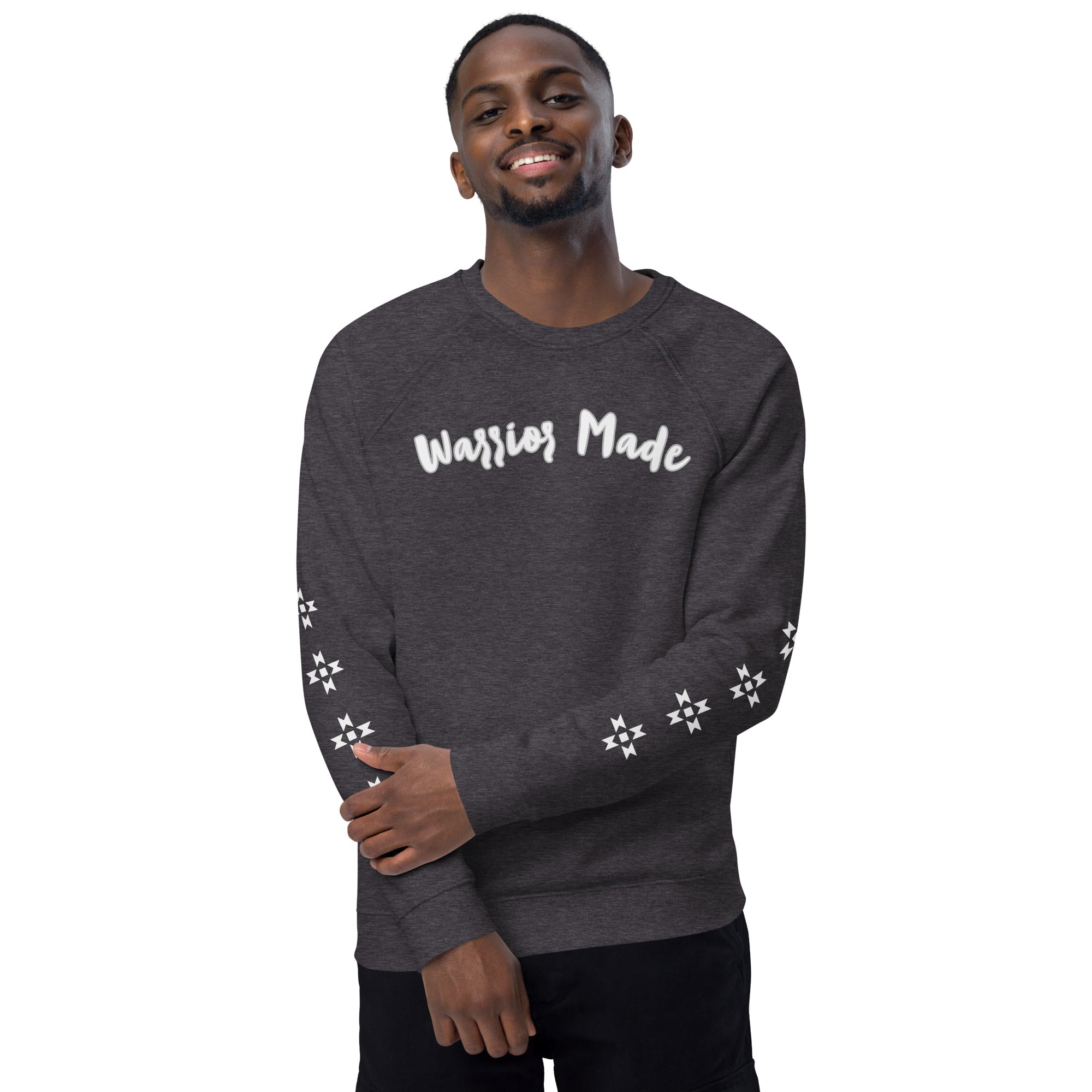 Charcoal and White Warrior Made Sweater, Unisex organic raglan sweatshirt