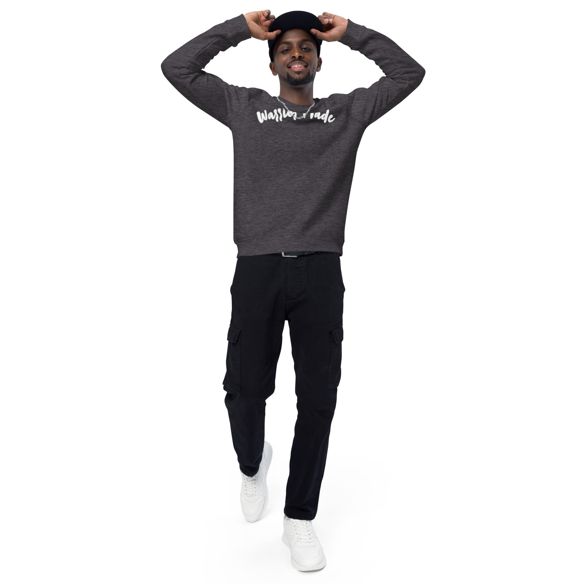 Charcoal and White Warrior Made Sweater, Unisex organic raglan sweatshirt