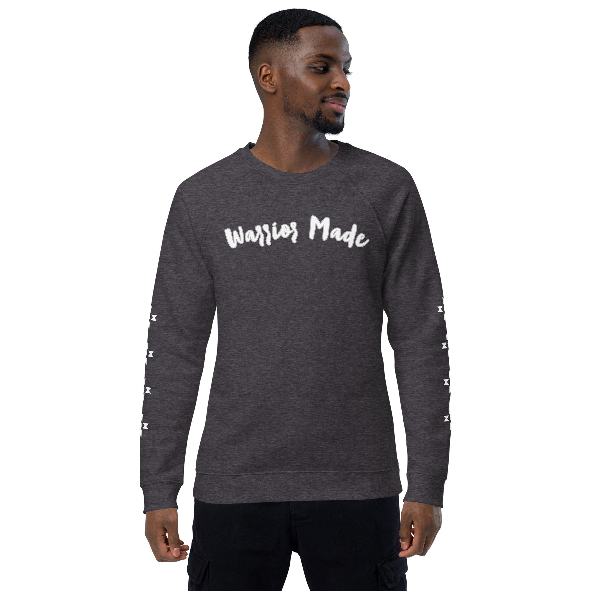 Charcoal and White Warrior Made Sweater, Unisex organic raglan sweatshirt