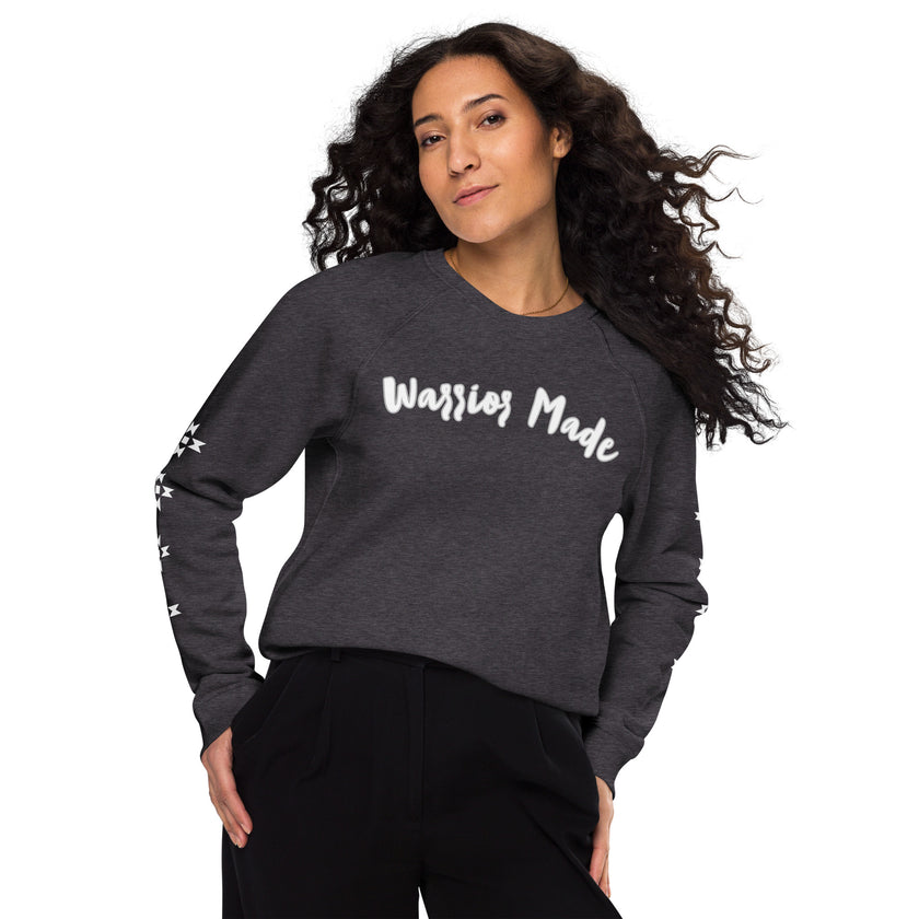 Charcoal and White Warrior Made Sweater, Unisex organic raglan sweatshirt