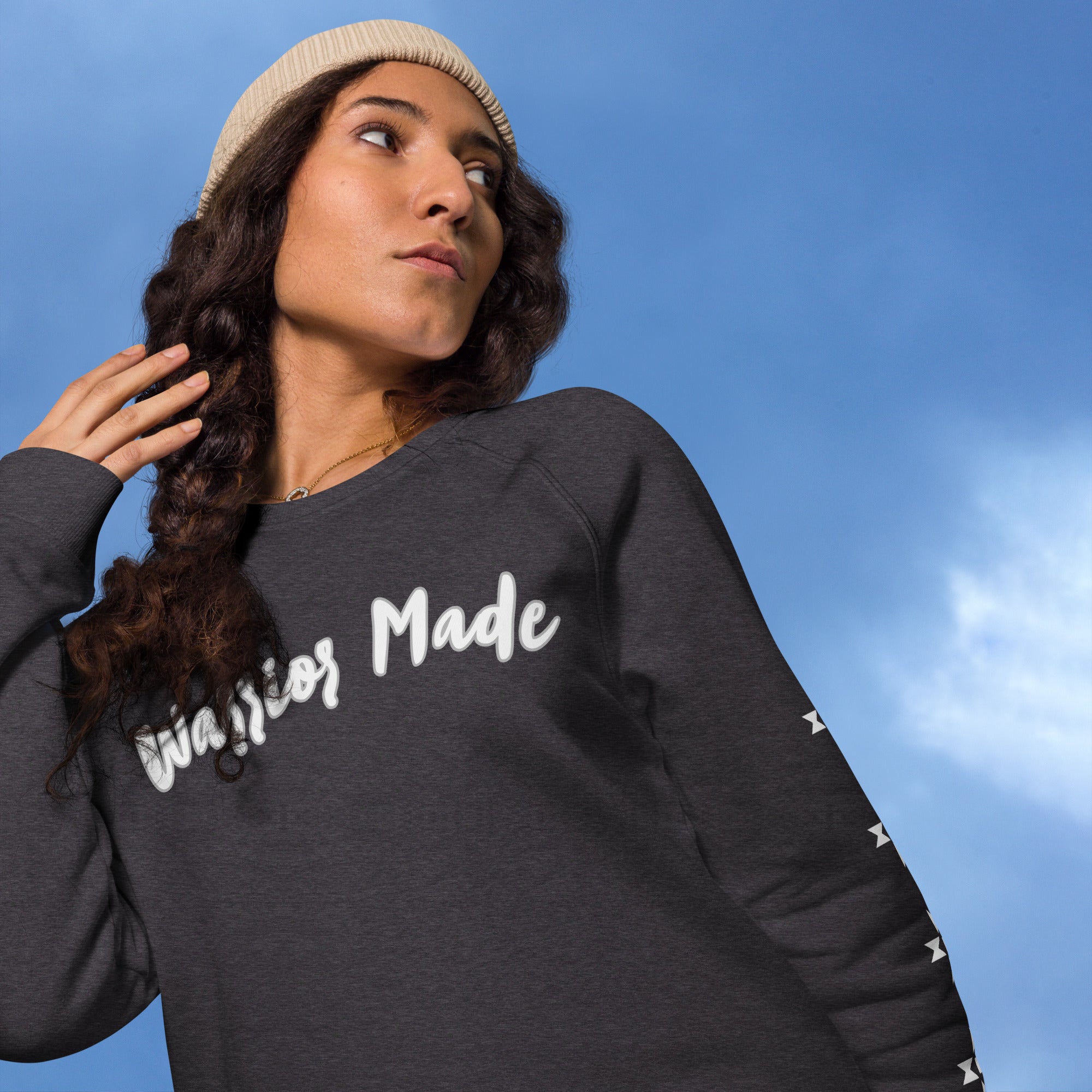 Charcoal and White Warrior Made Sweater, Unisex organic raglan sweatshirt